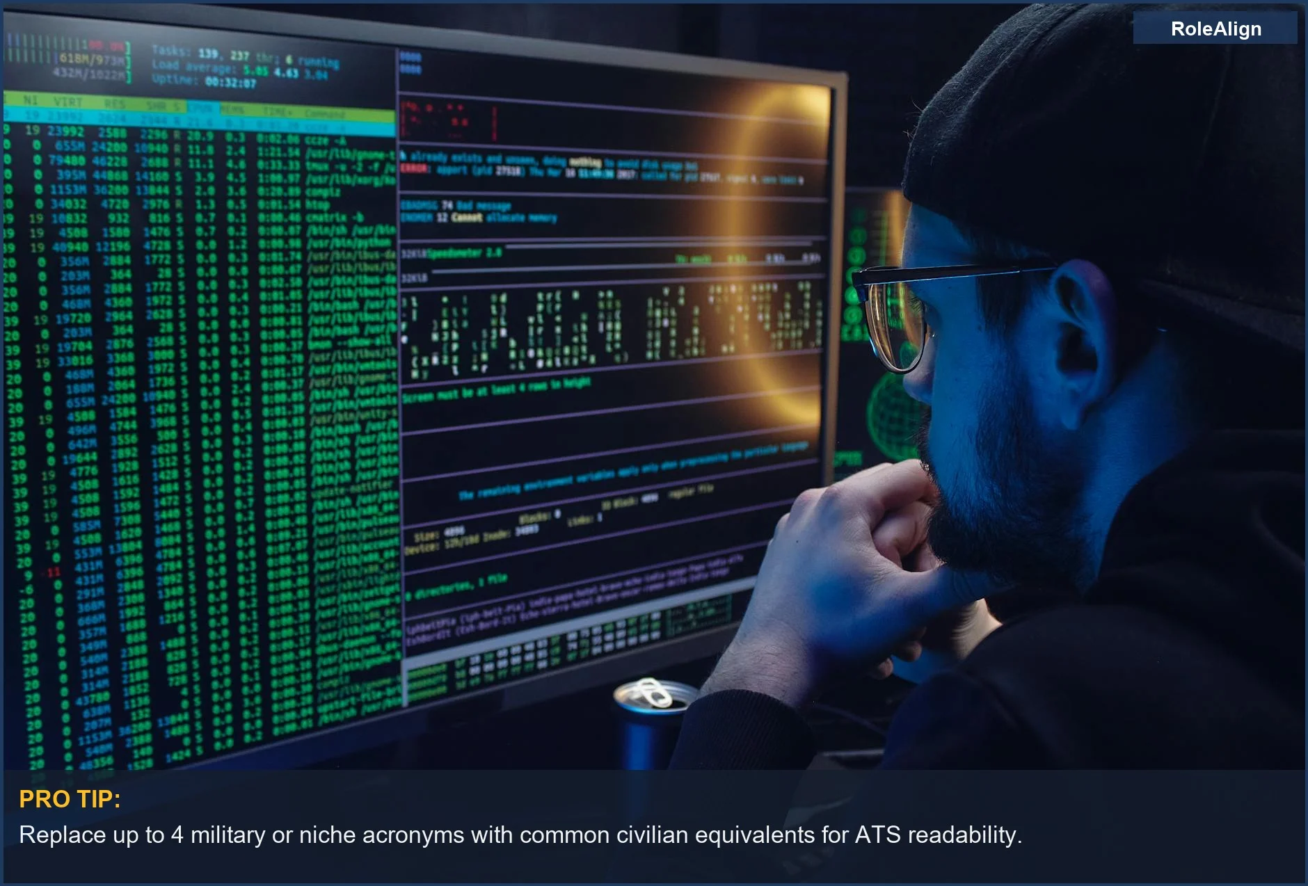 Man programming with code on dual monitors, illustrating how ATS design can disadvantage non-traditional career paths.