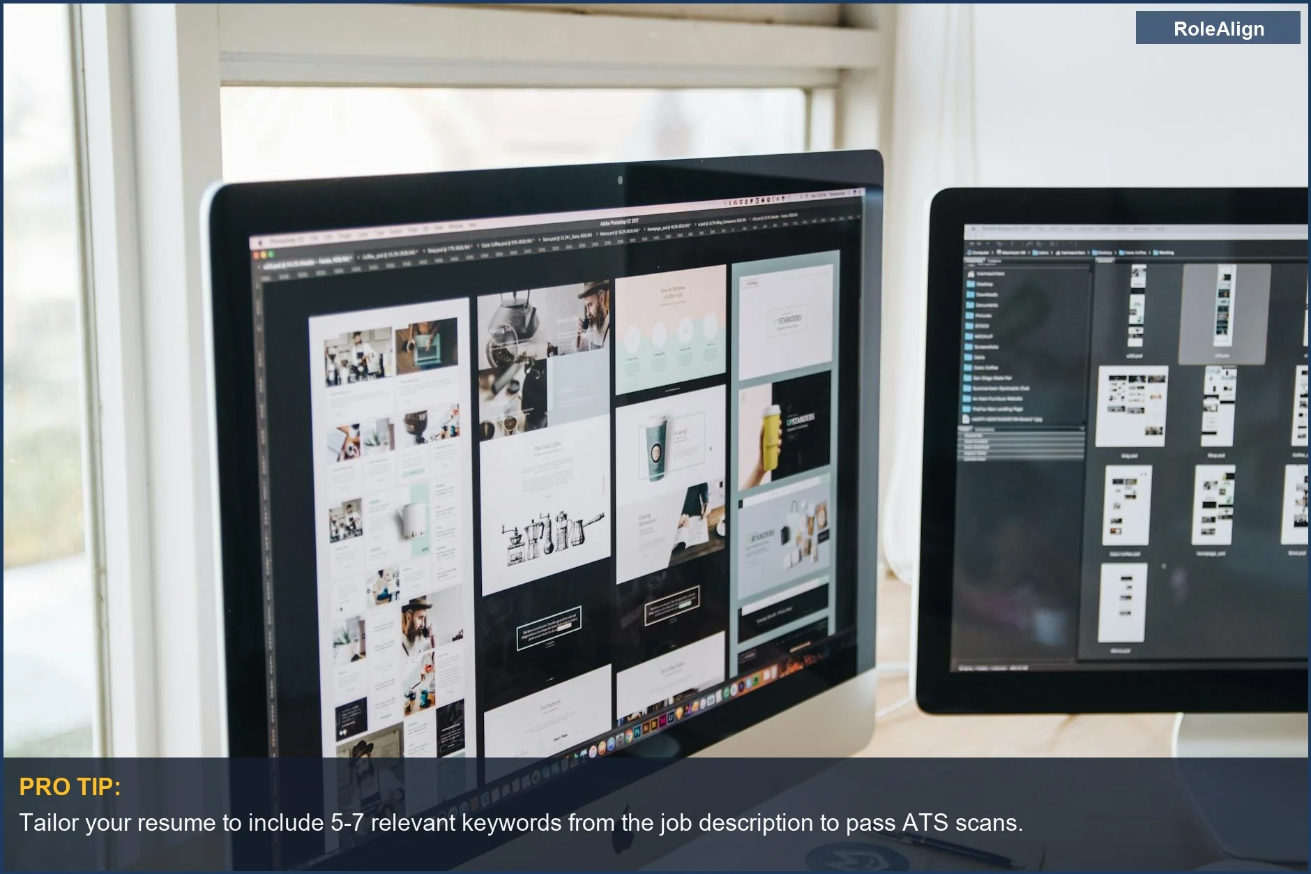Modern office desk with dual monitors showcasing design software, illustrating how ATS design can disadvantage non-traditional career paths.