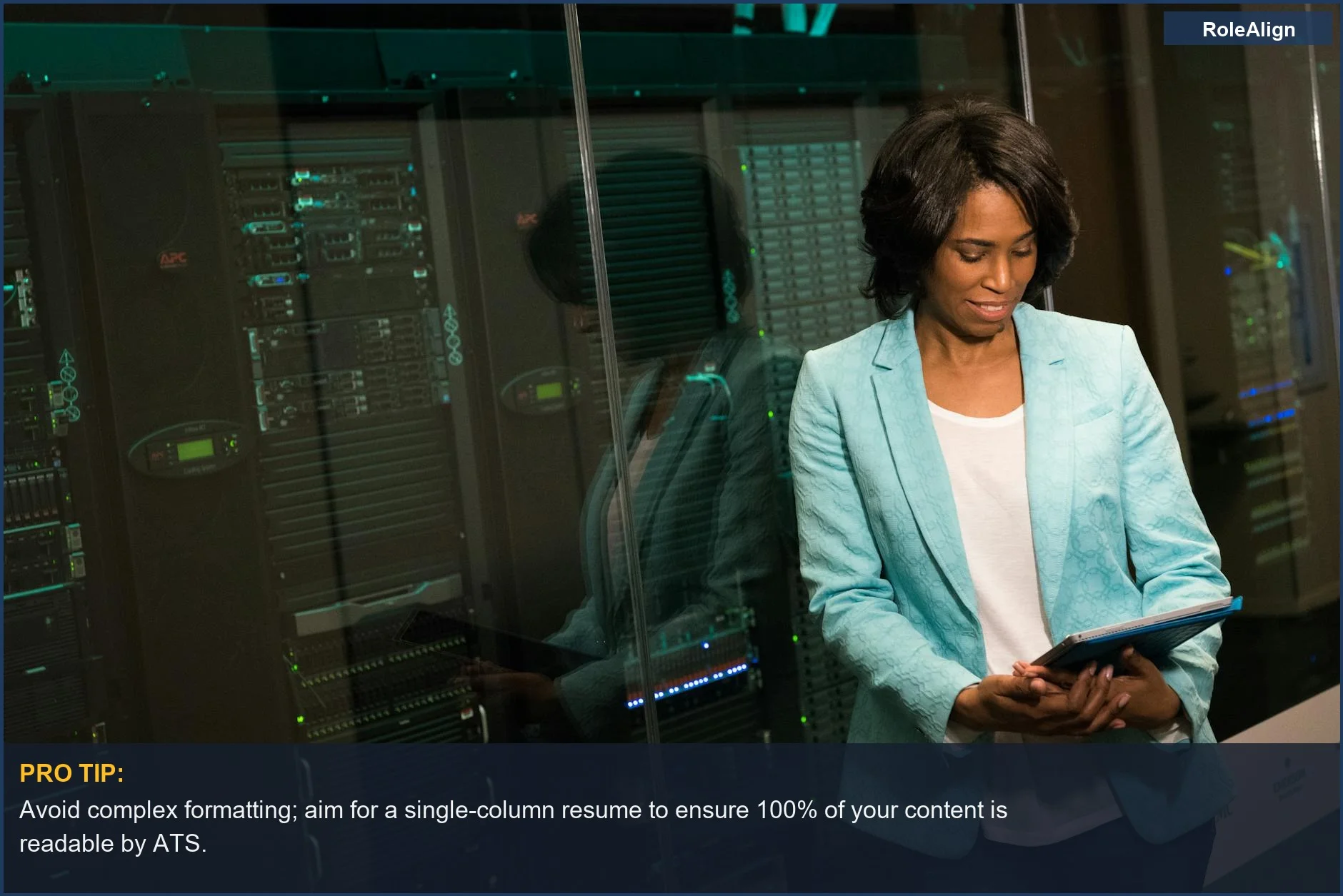 Female IT professional in a data center, reflecting the importance of proper resume parsing in ATS.