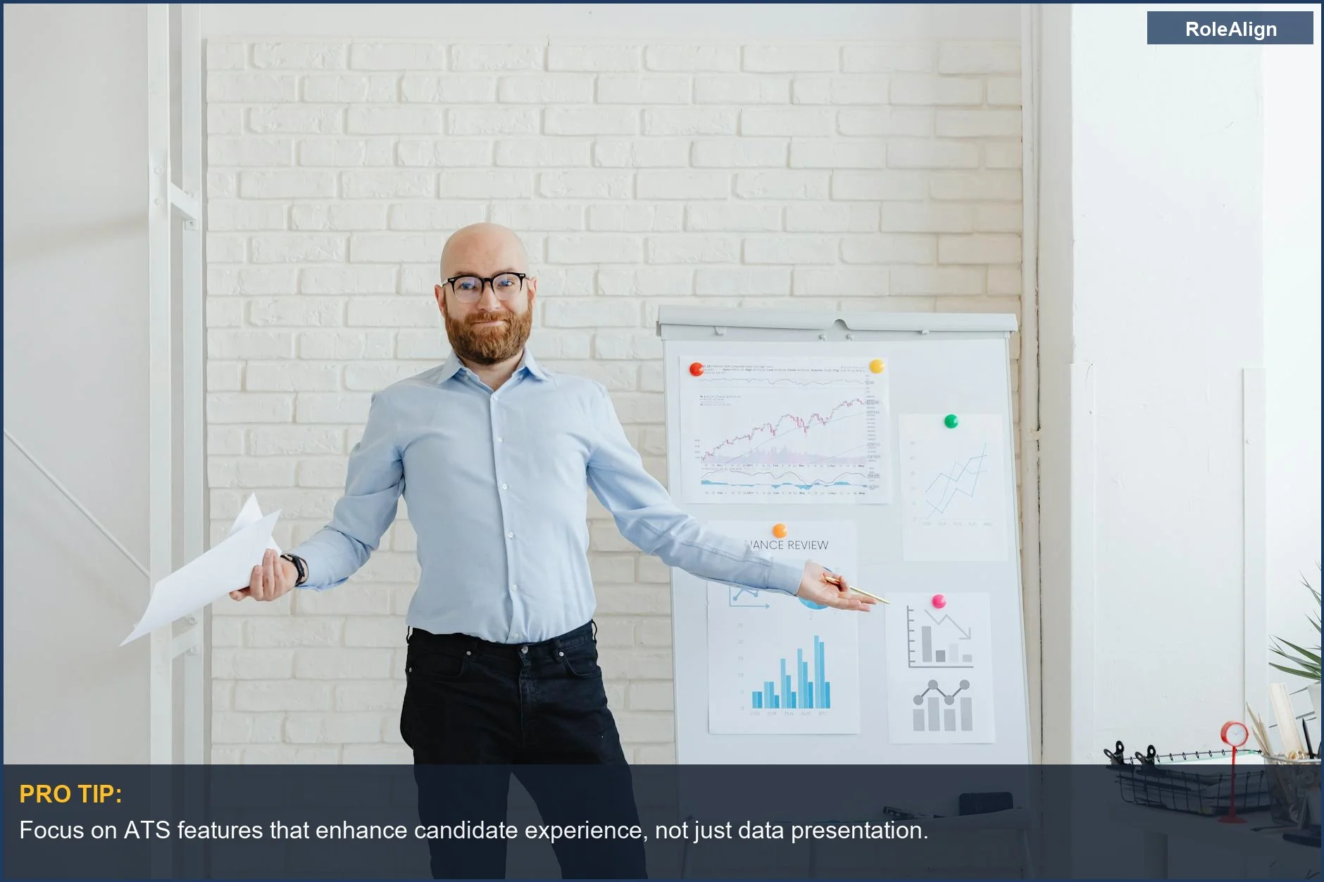 Confident businessman presents evolving ATS system features on a whiteboard, discussing hiring trends.