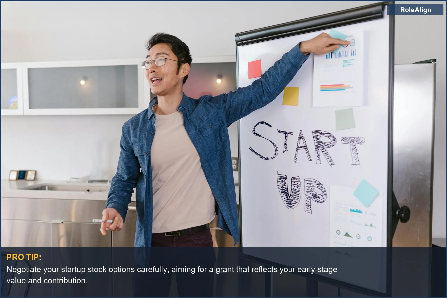 Dynamic entrepreneur presenting a startup plan, showcasing the appeal of stock options for attracting top talent.