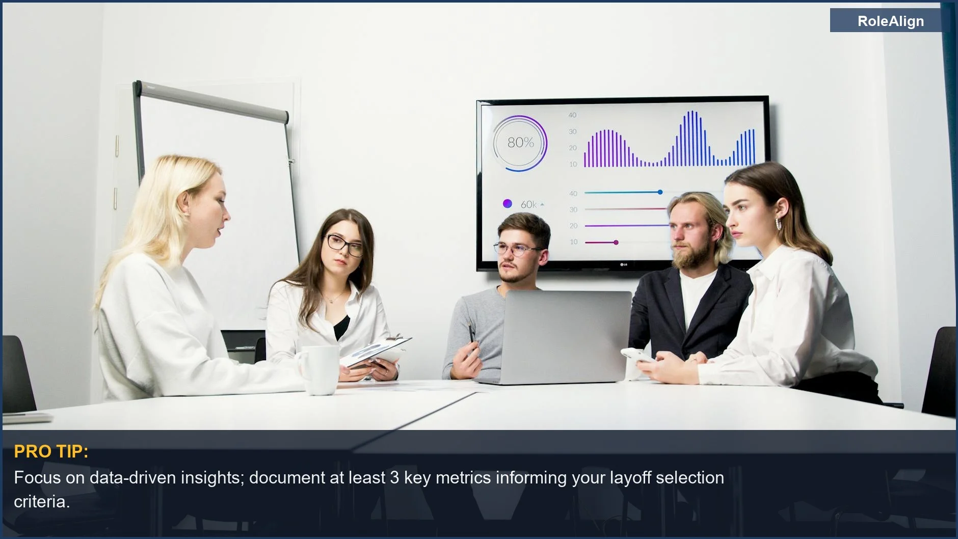 Business leaders analyze data charts during a strategic meeting, illustrating how layoff decisions are made.