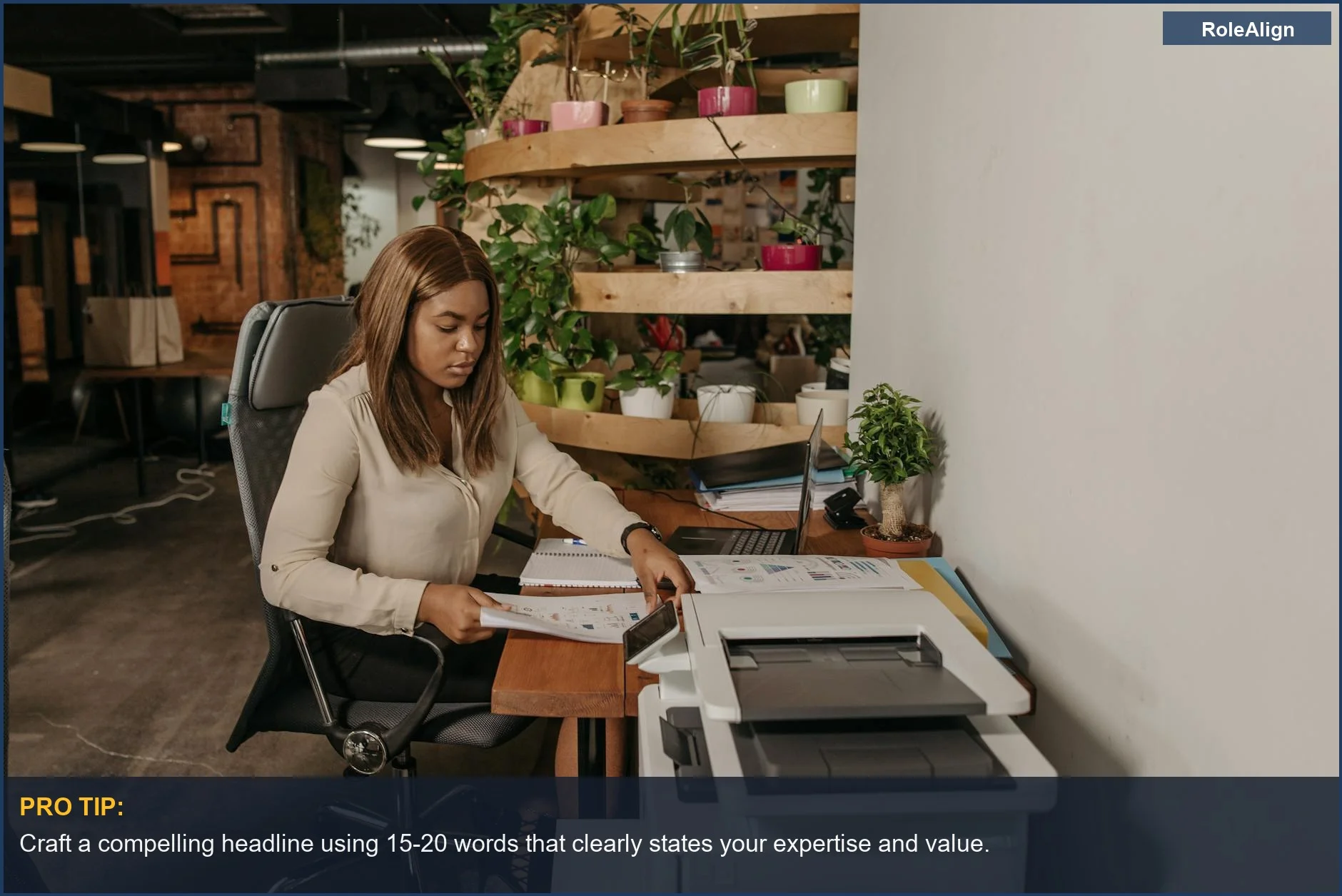 Woman working at a desk in a modern office, highlighting LinkedIn headline for job seekers optimization.