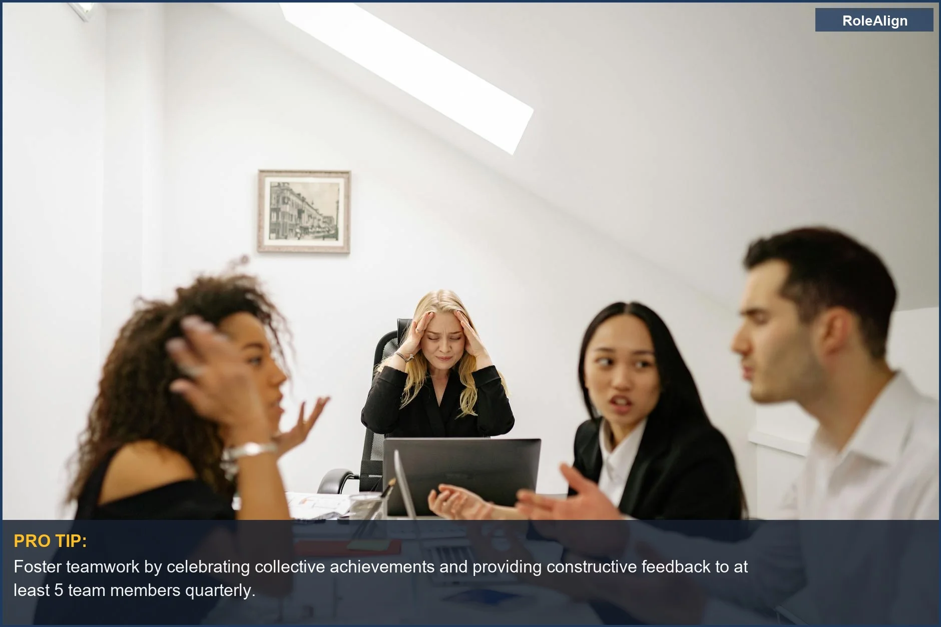 Colleagues in a tense meeting, illustrating workplace stress caused by forced ranking discussions.