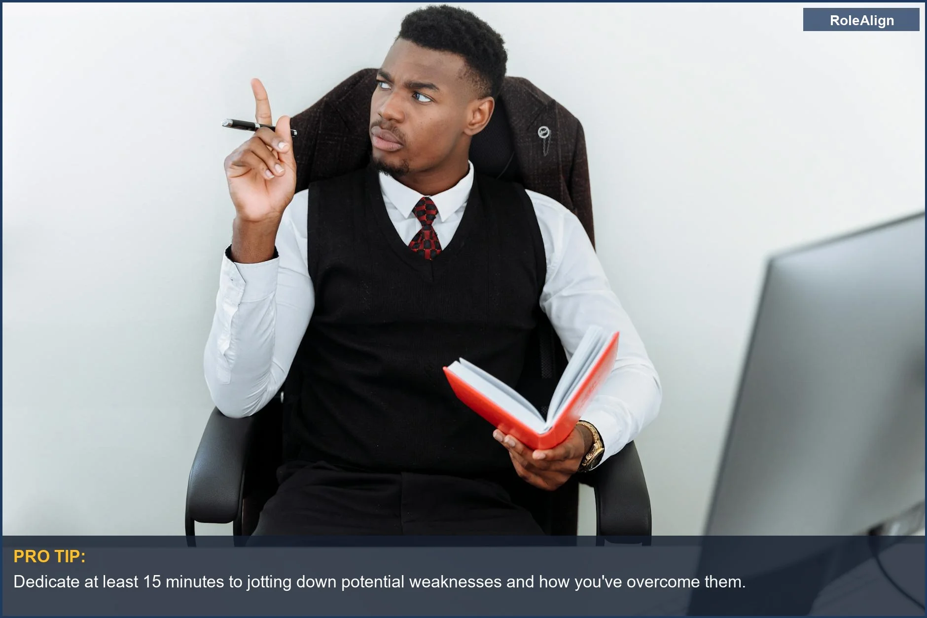 Focused businessman contemplating with a notebook, preparing a thoughtful weakness interview answer.
