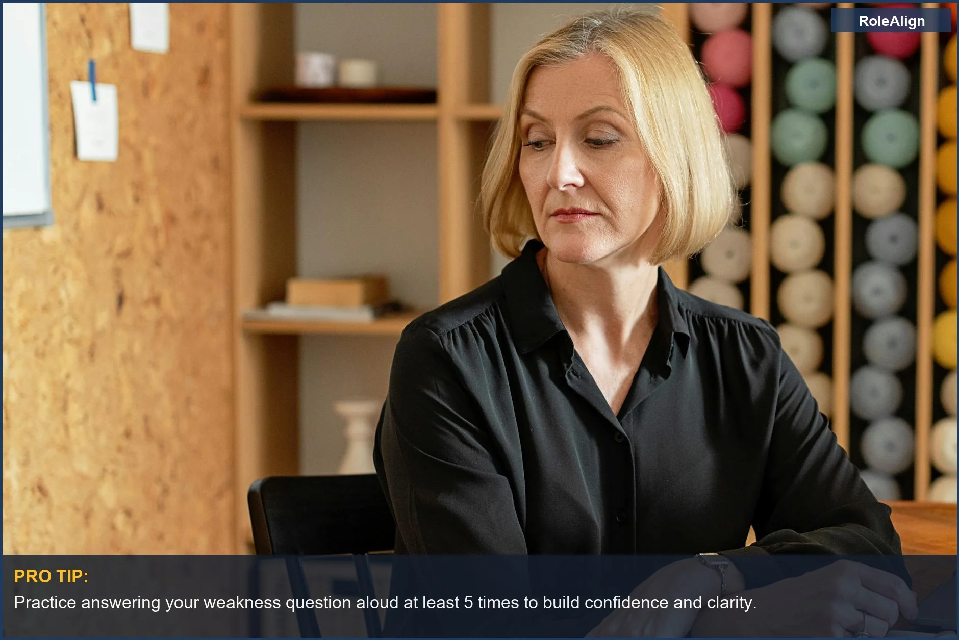 Contemplative businesswoman in an artistic studio, reflecting on a manageable weakness for an interview.