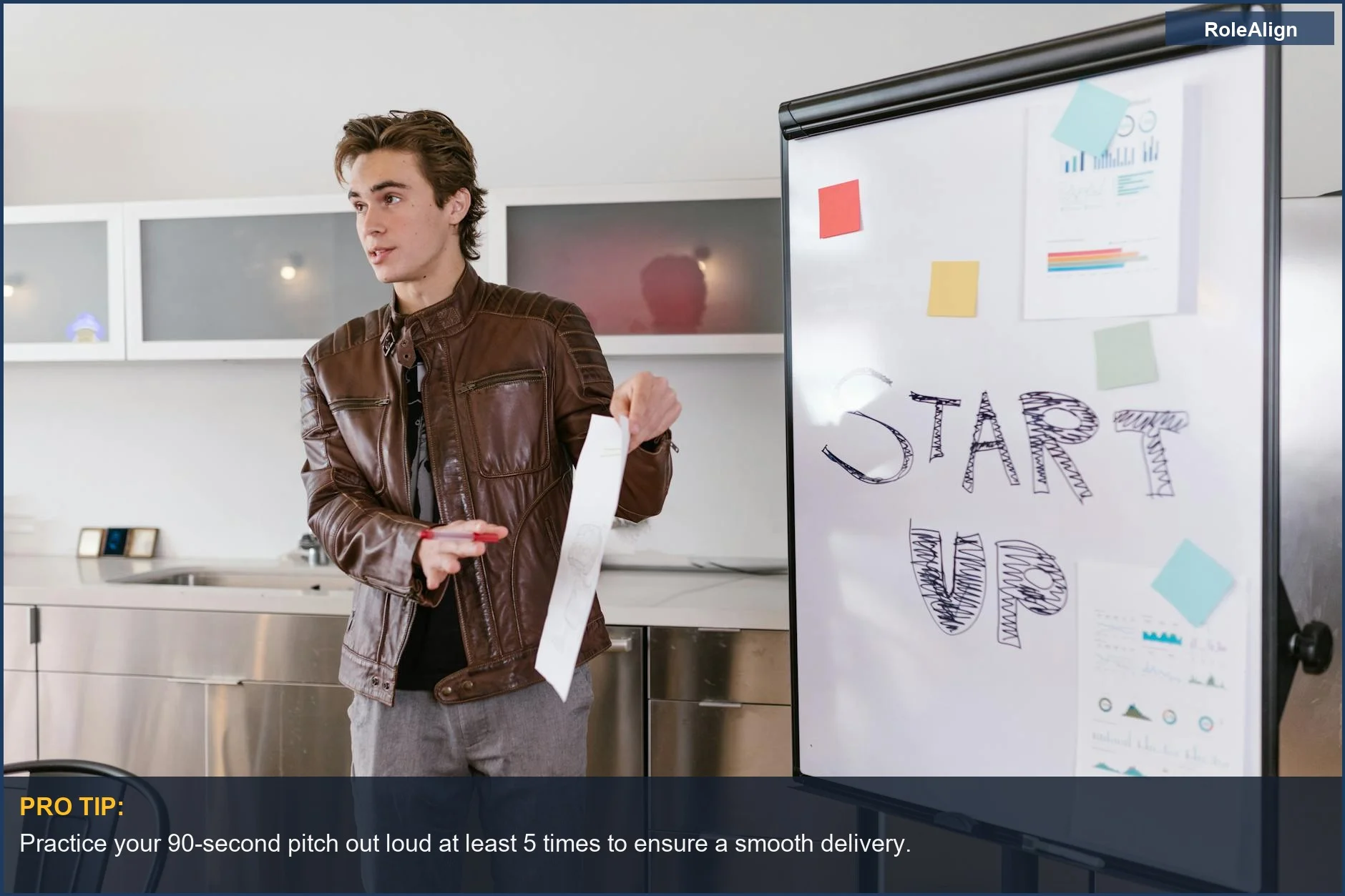 Young entrepreneur presenting startup strategies with a flip chart, a key visual for your tell me about yourself interview answer.