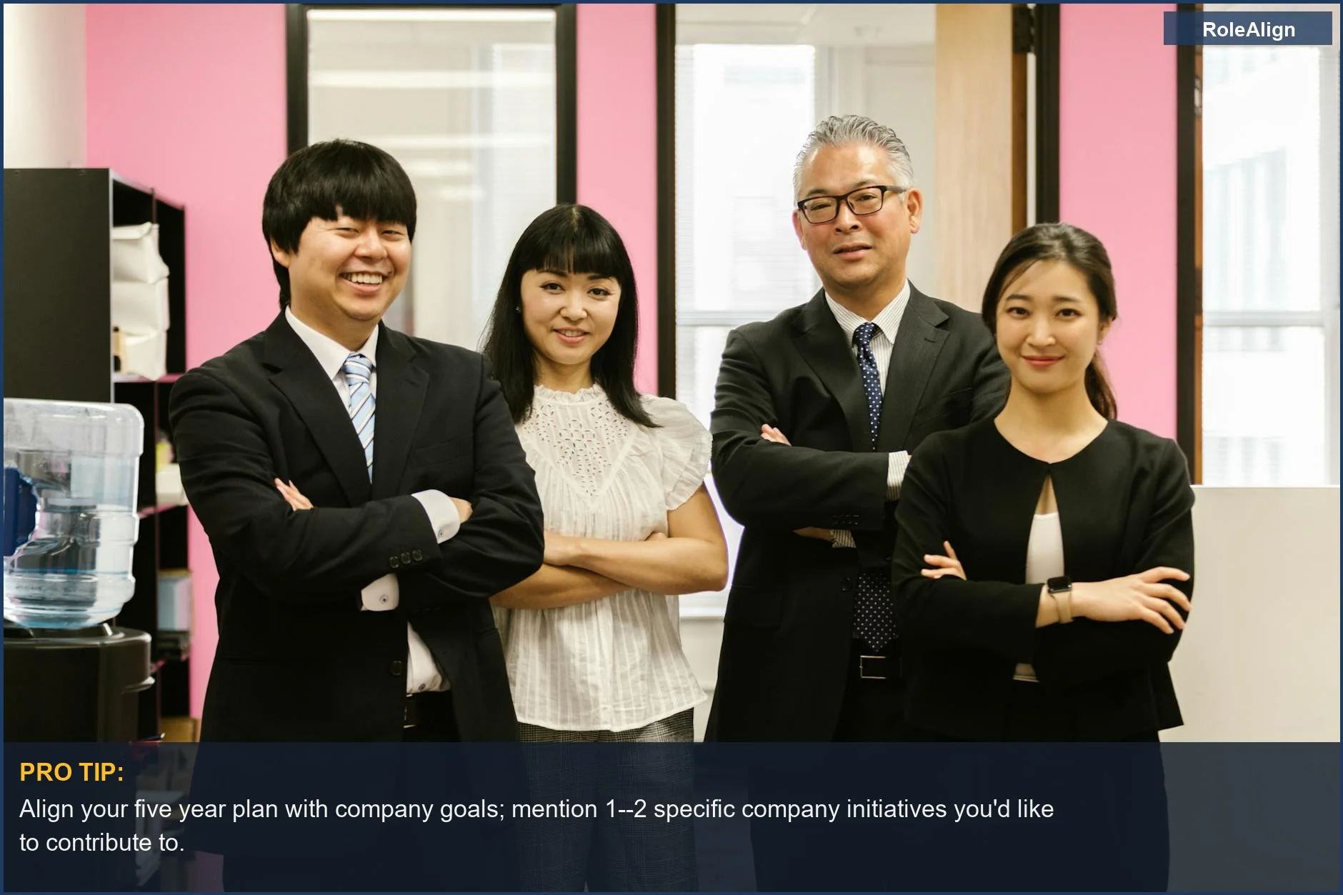 Team of professionals standing confidently, ready to answer interview questions about their future.