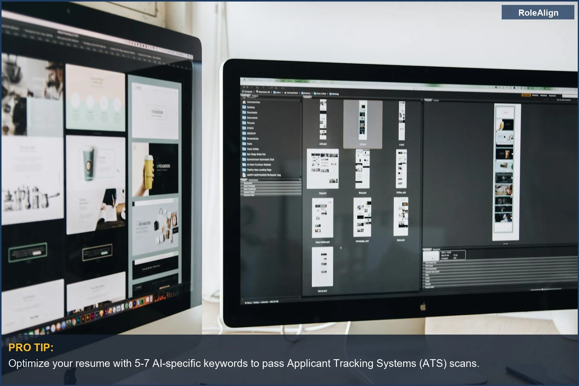 Dual computer monitors showcasing web design, illustrating tech productivity for landing an AI job without a degree.