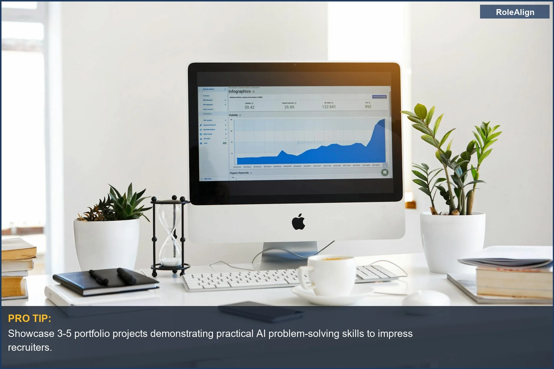 Contemporary workspace with AI analytics on desktop, demonstrating skills for an AI career without a CS degree.