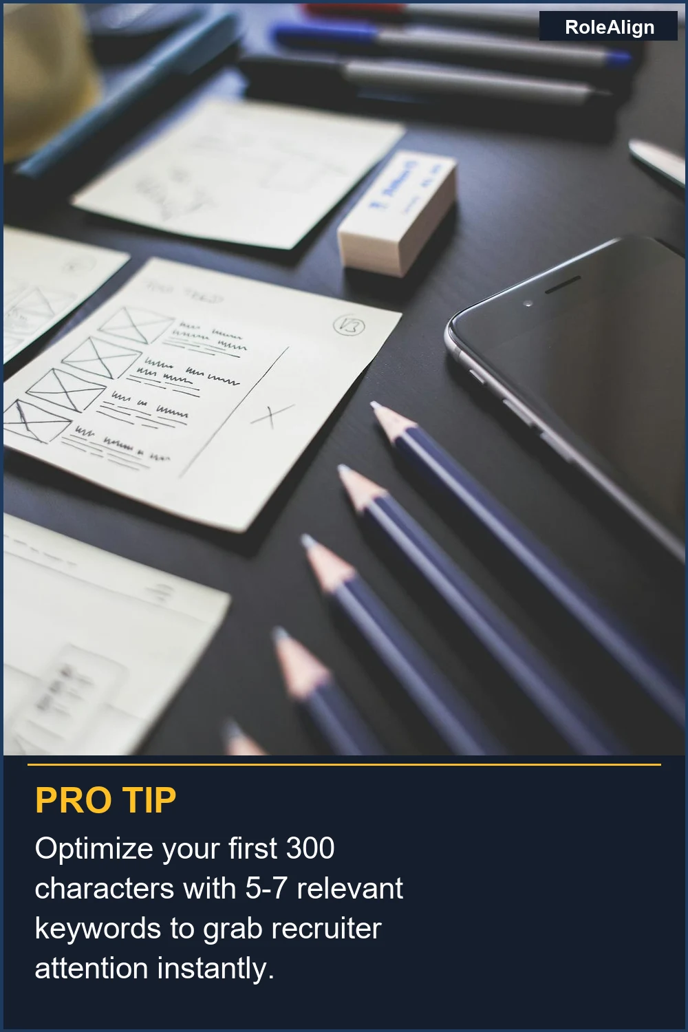 Optimize your first 300 characters with 5-7 relevant keywords to grab recruiter attention instantly.