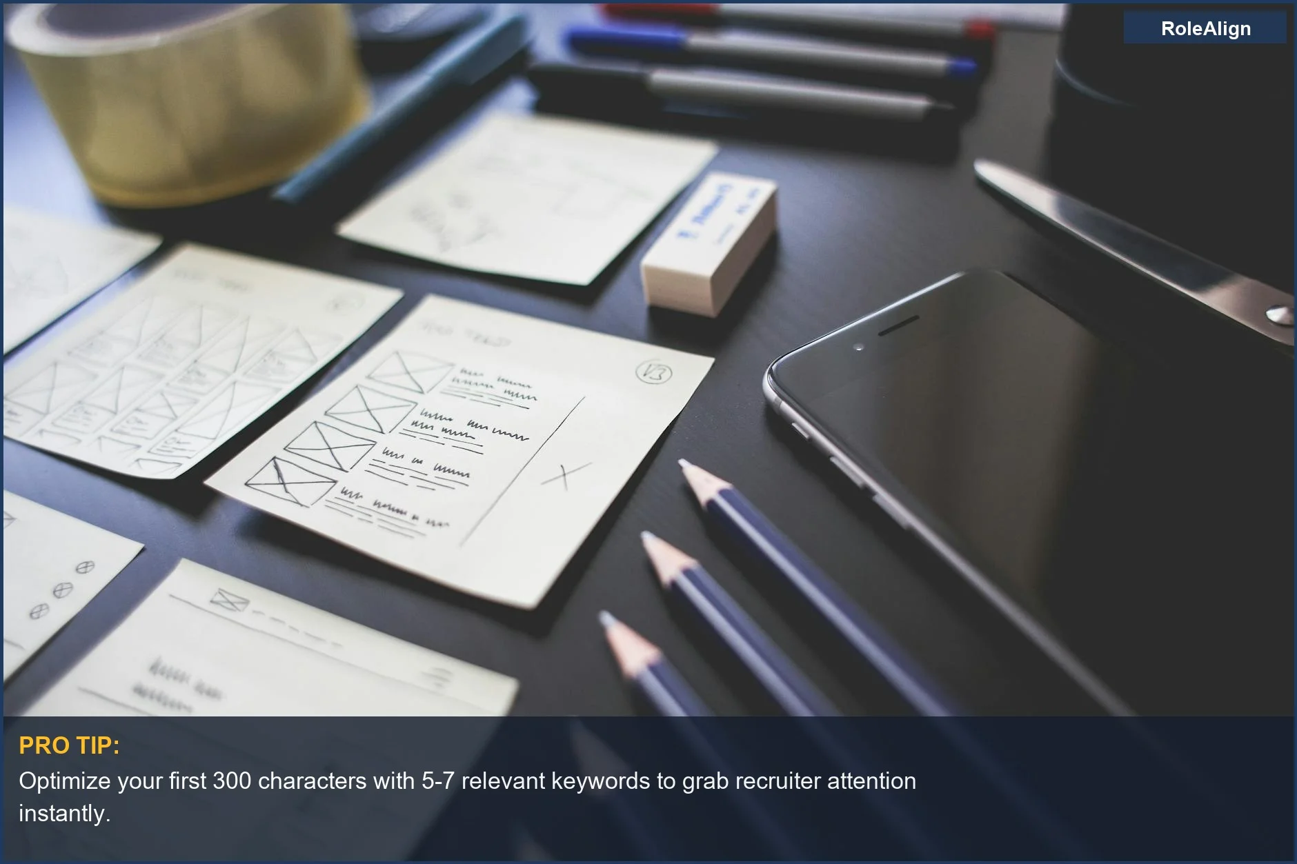 Creative UI design workspace with plans and tools, illustrating the importance of a strong LinkedIn profile summary.