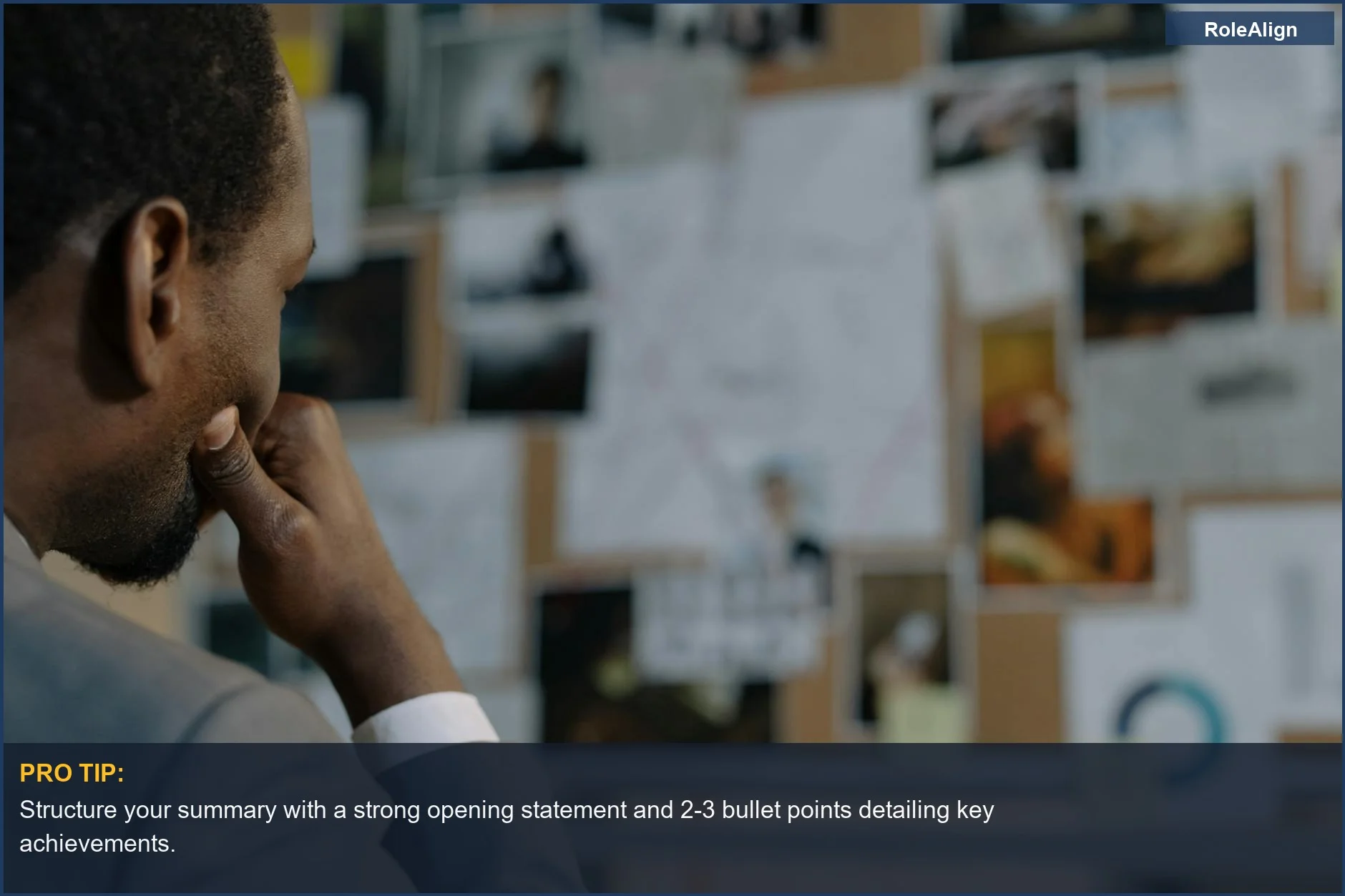 Detective examining an evidence board, symbolizing the strategic approach to writing a compelling LinkedIn summary.