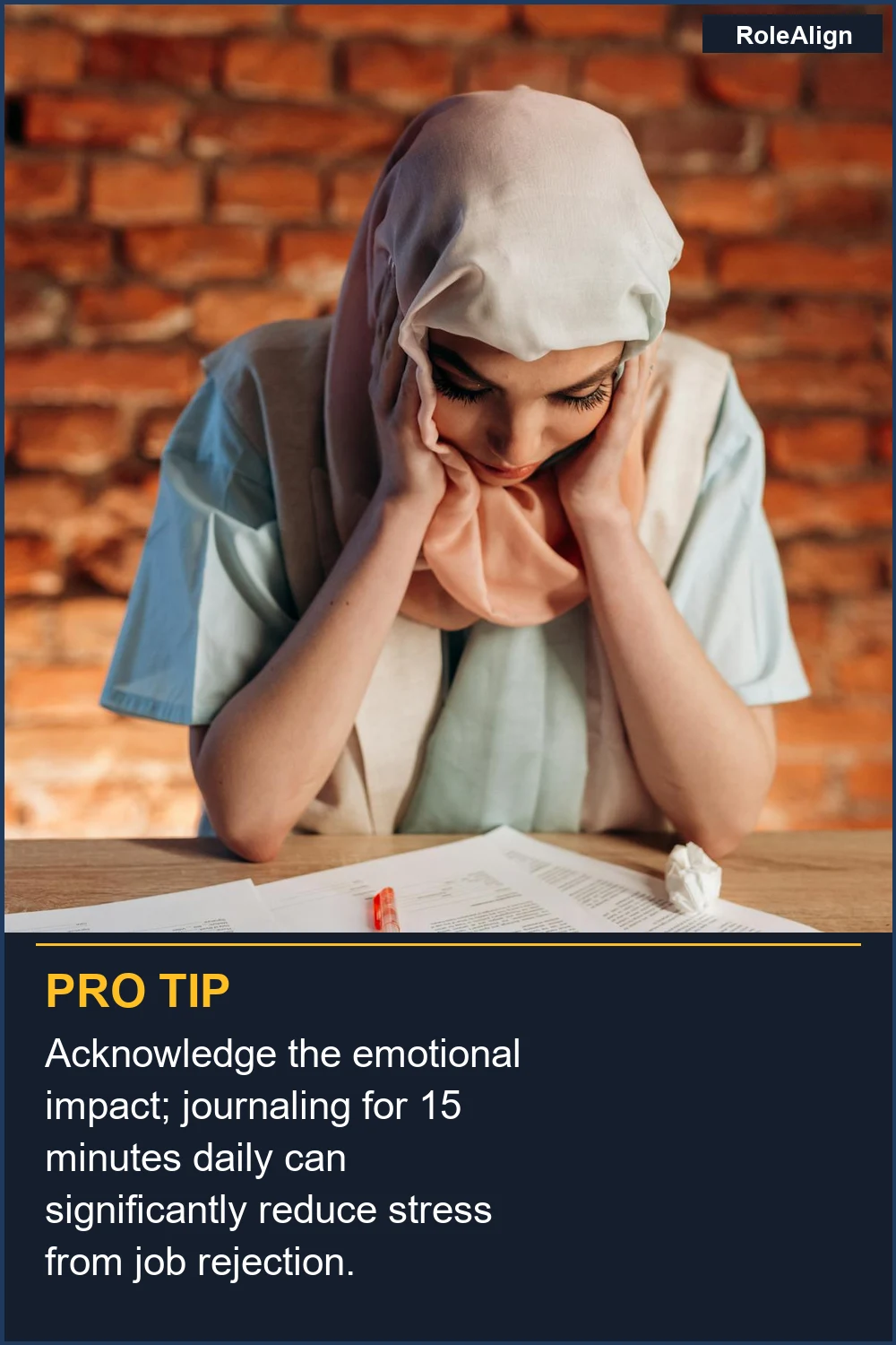 Acknowledge the emotional impact; journaling for 15 minutes daily can significantly reduce stress from job rejection.