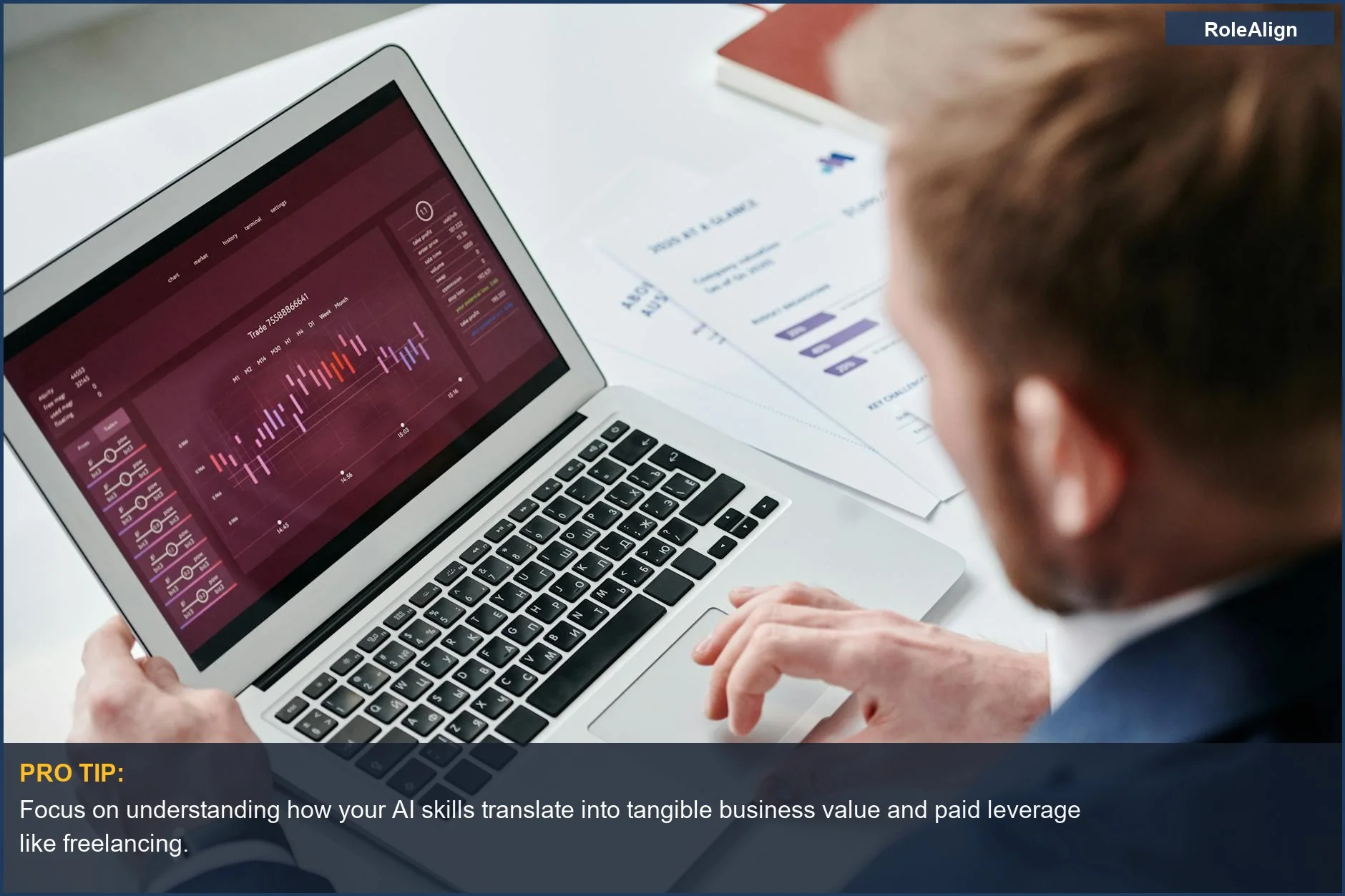 Businessman analyzes AI data analytics dashboard on laptop to develop a unique AI career niche.