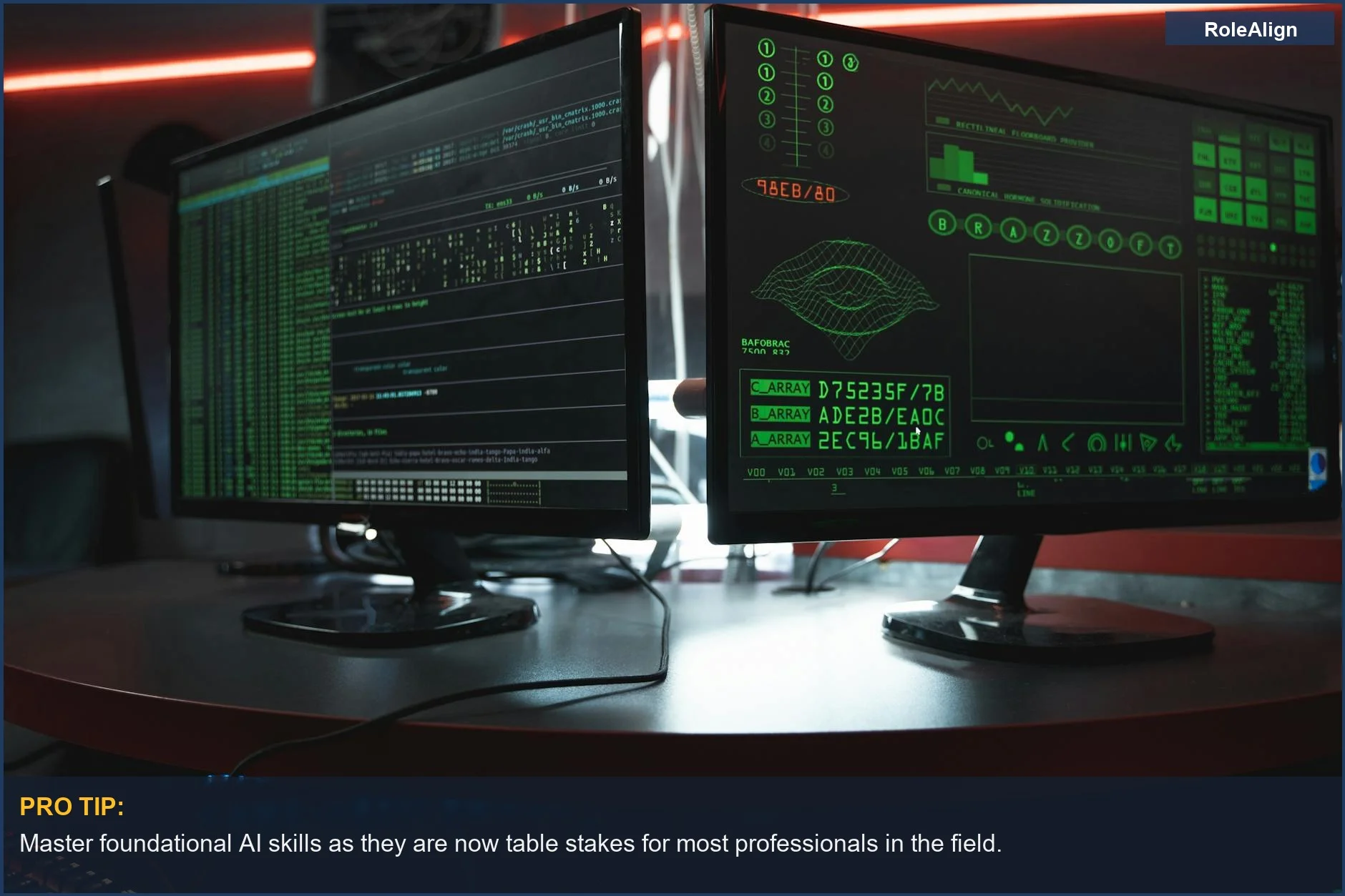 Green coding interfaces on dual monitors highlight cybersecurity and the evolving AI career landscape.