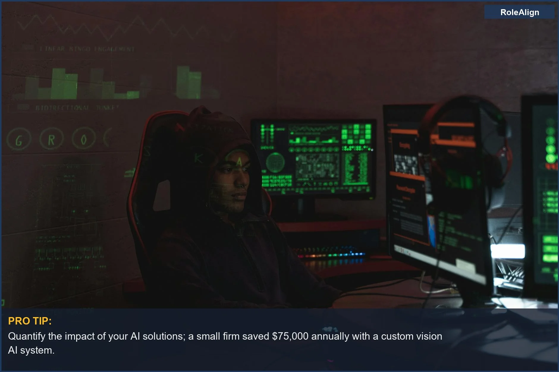 Man in hoodie works on cybersecurity with multiple monitors, demonstrating specialized AI application development.