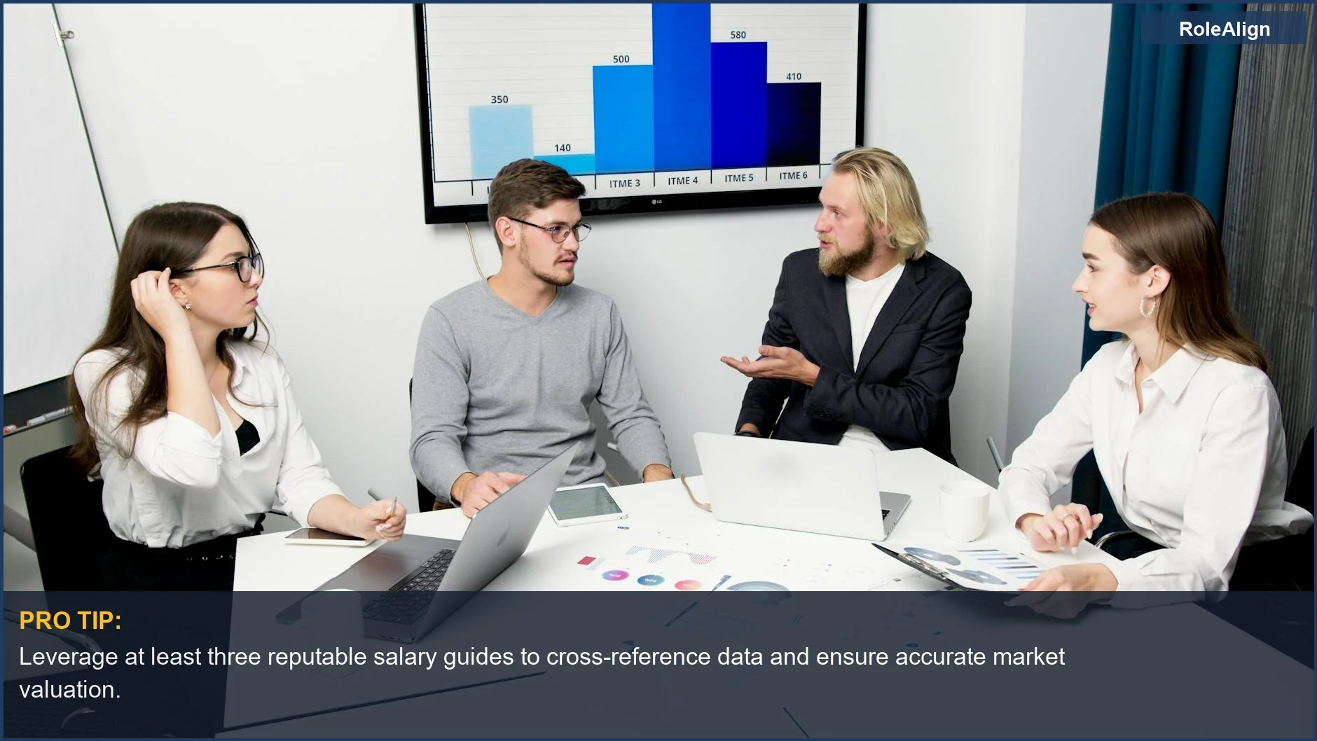 Professionals discussing data and charts, illustrating how to evaluate job offers' market value through research.
