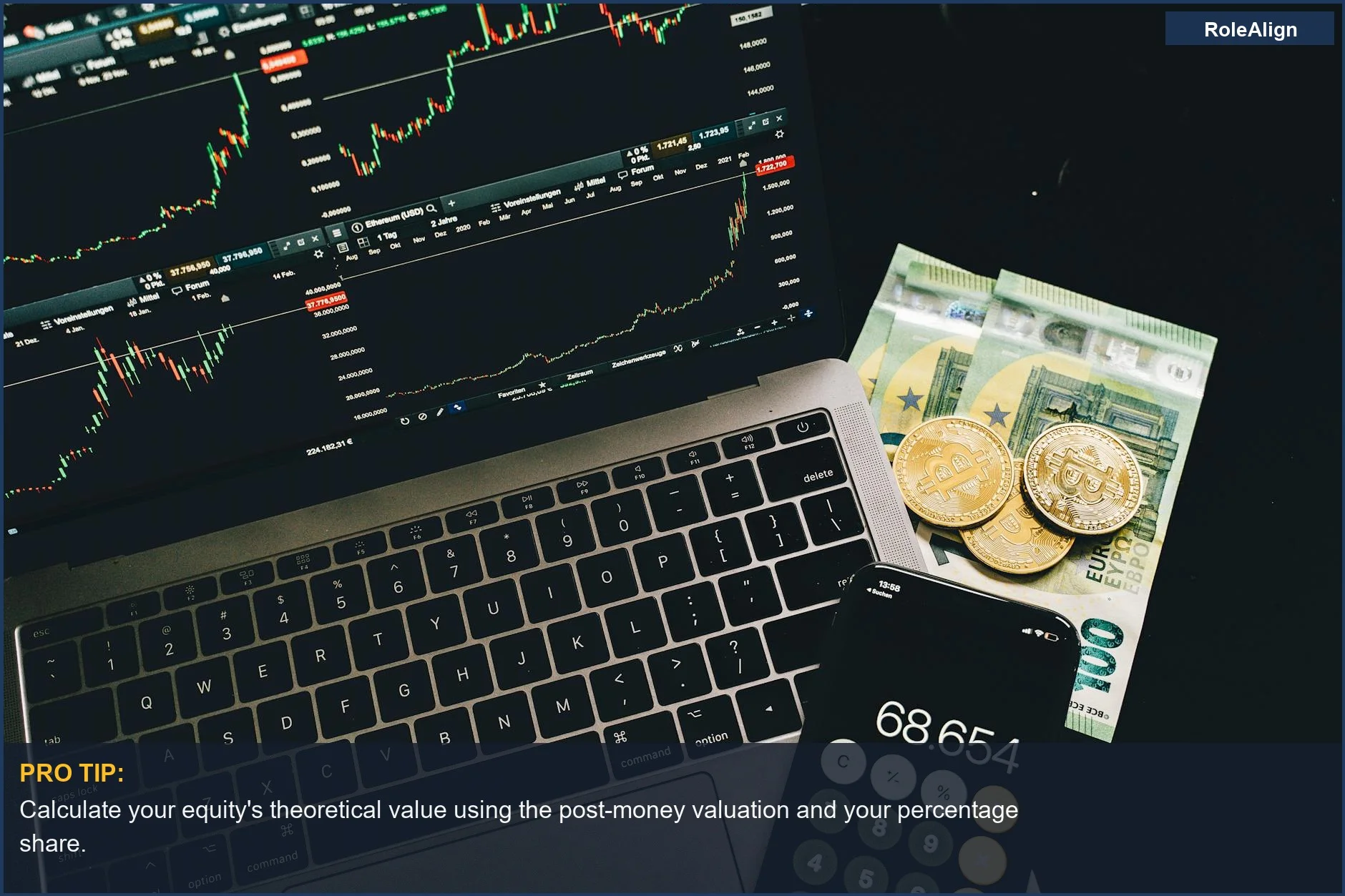 Análisis financiero de ofertas de capital de startups de IA: portátil con gráficos de acciones, Bitcoin y calculadora.