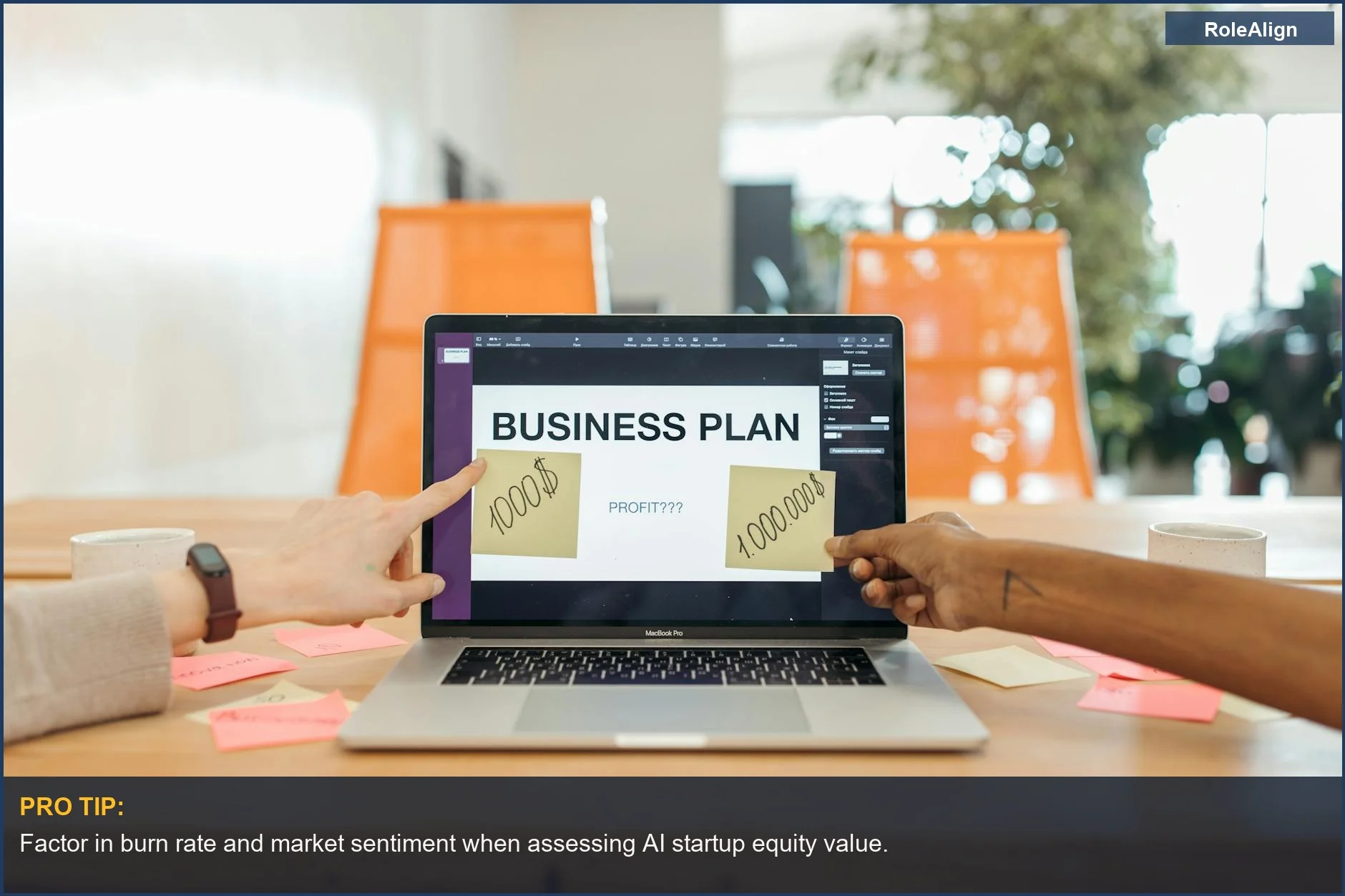 Profesionales planificando el capital y los planes de negocios de startups de IA con notas adhesivas y objetivos de ganancias.