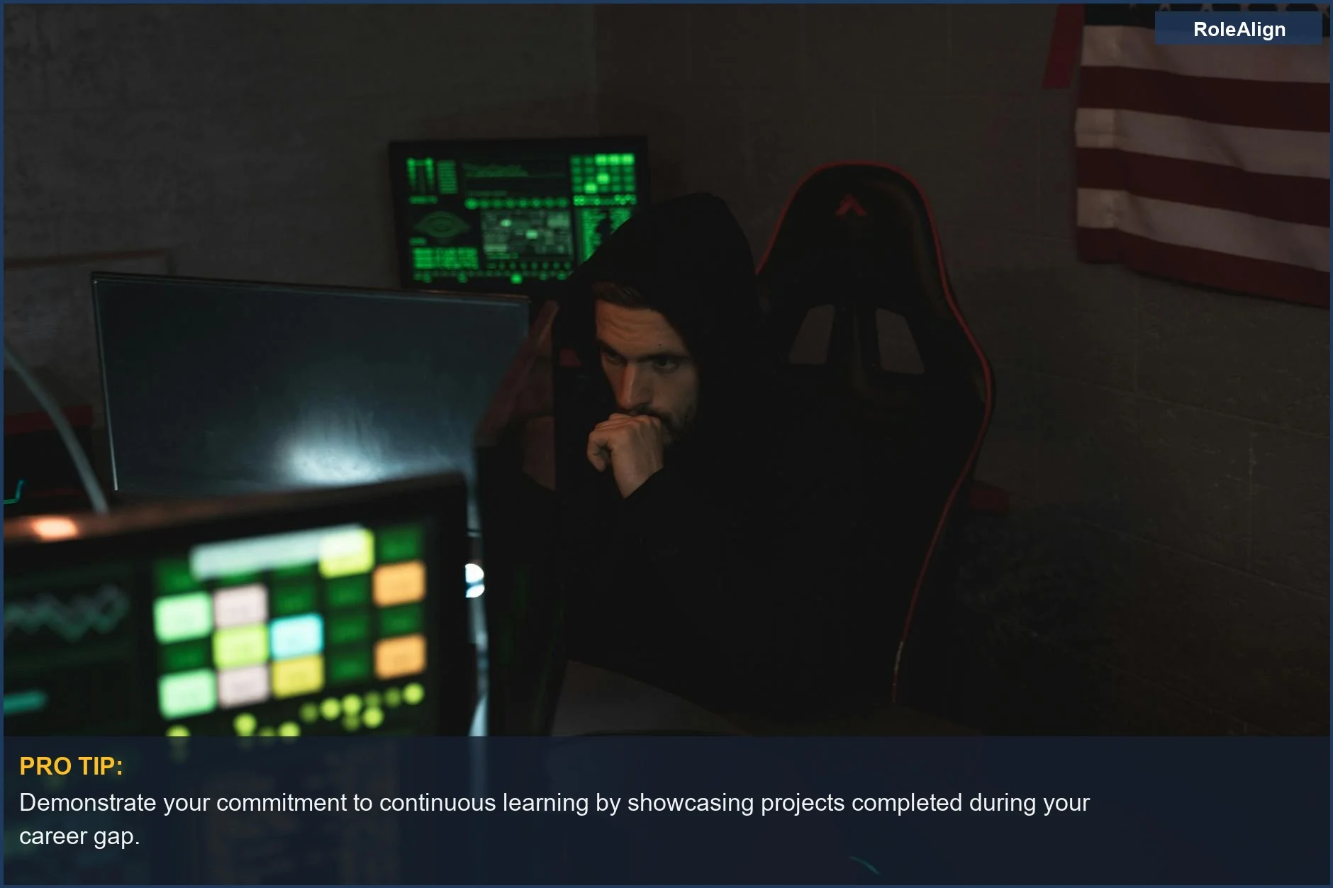 Cybersecurity expert monitors screens, showcasing focused effort and explaining a career gap with new skills.