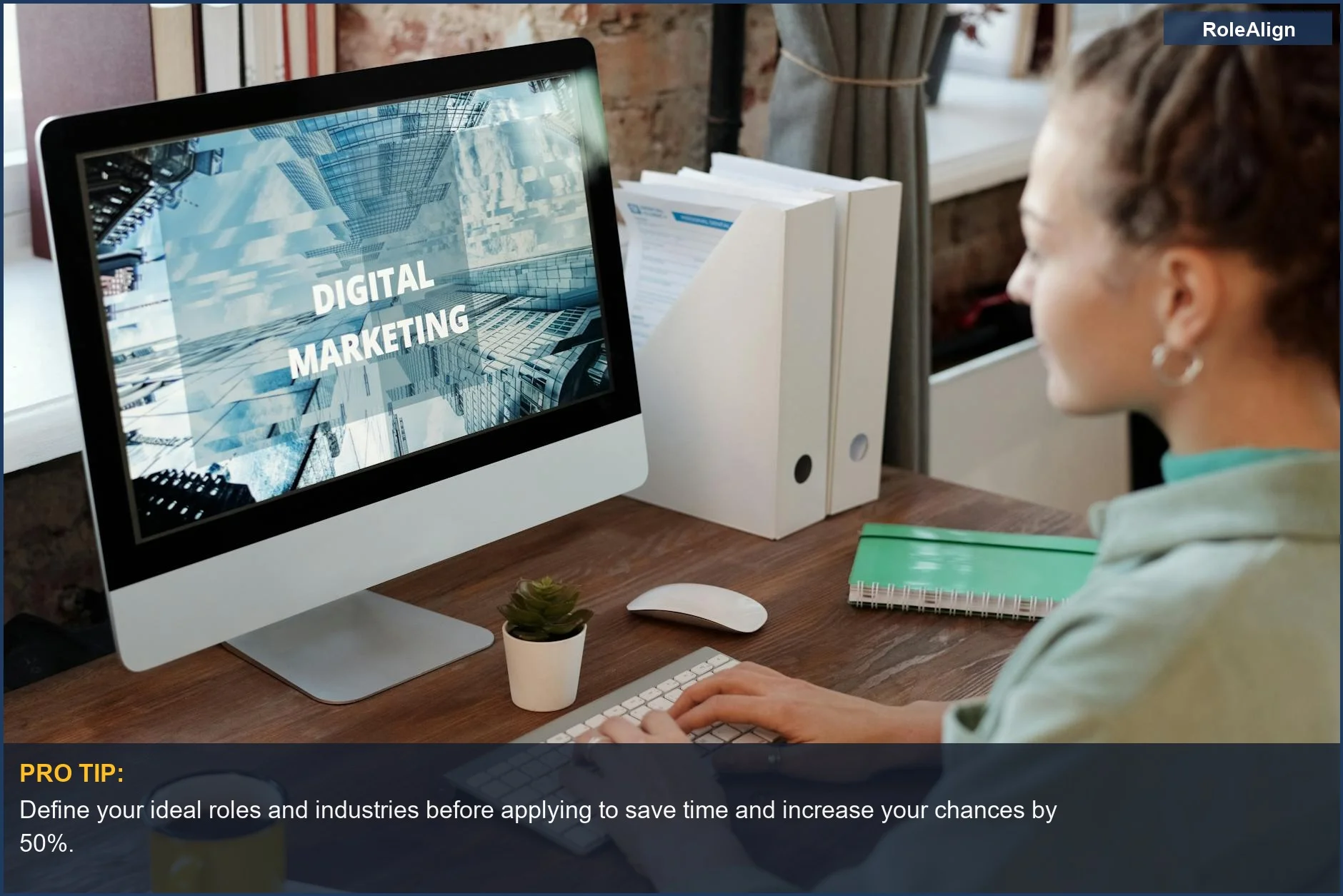 Woman focused on digital marketing in her home office, illustrating a successful job search with no network.