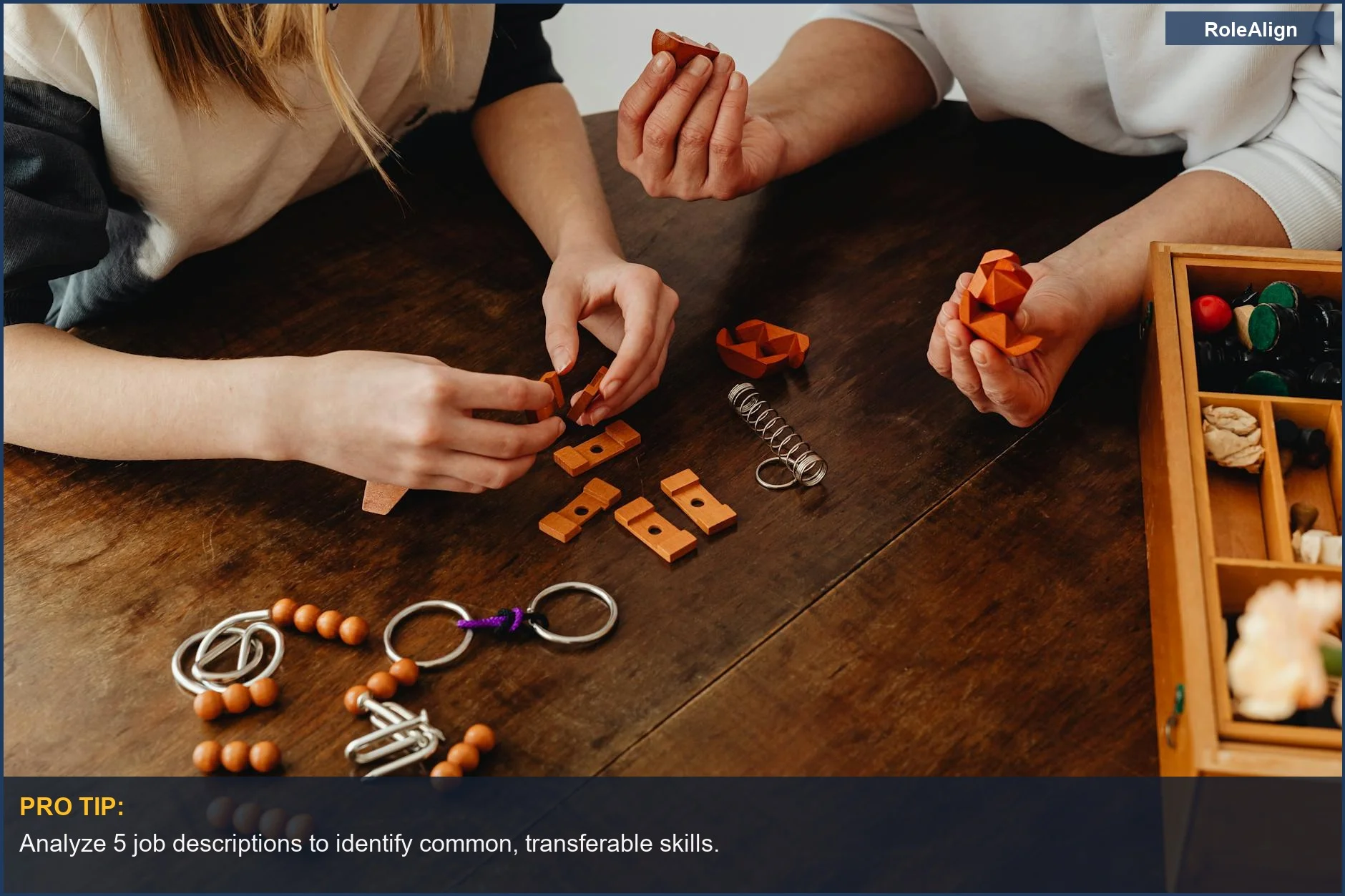 Two individuals working on a wooden puzzle together, symbolizing creative problem-solving for career transitions.