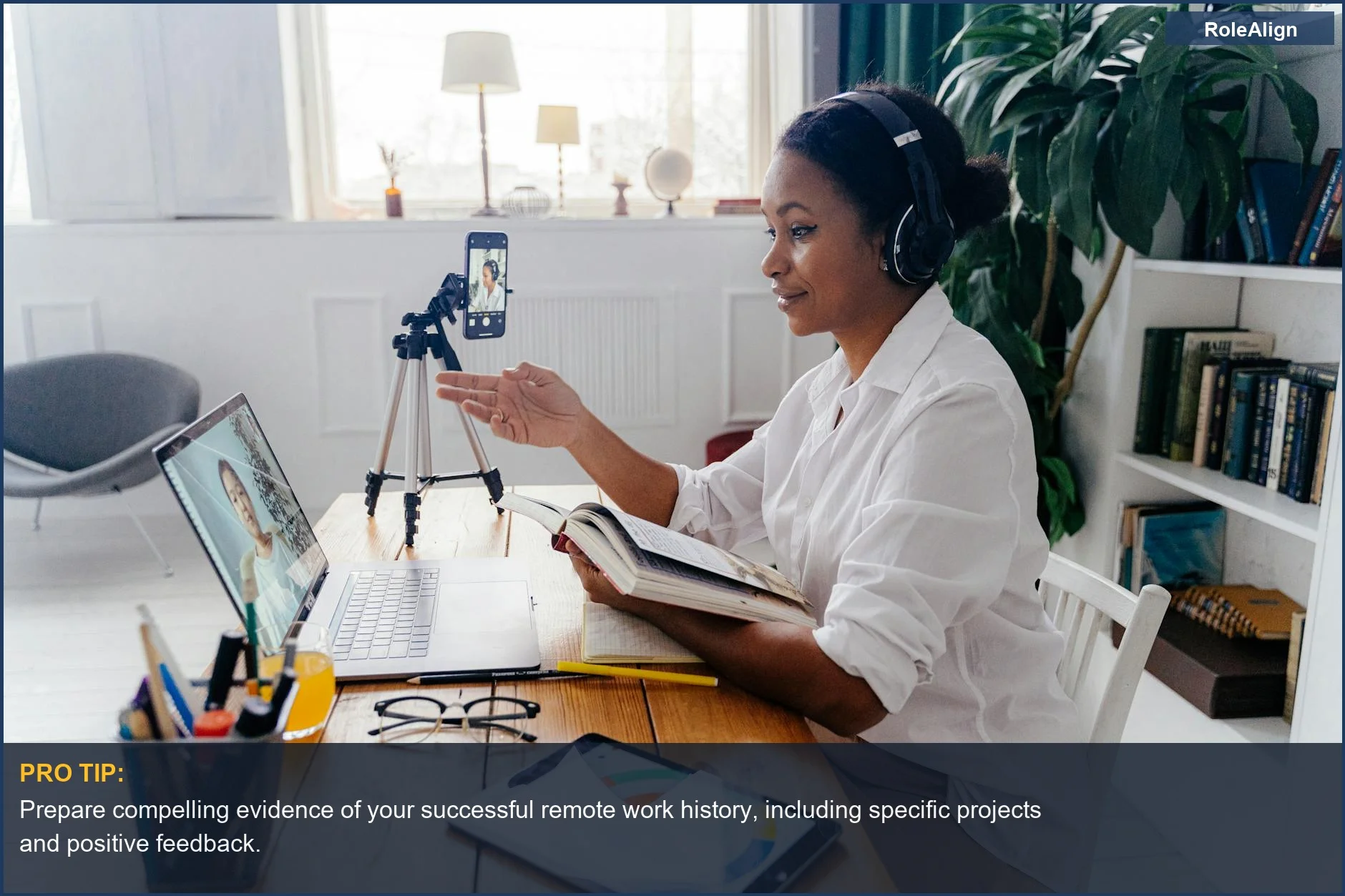 Woman confidently participating in a video conference call from her cozy home office, showcasing remote collaboration.