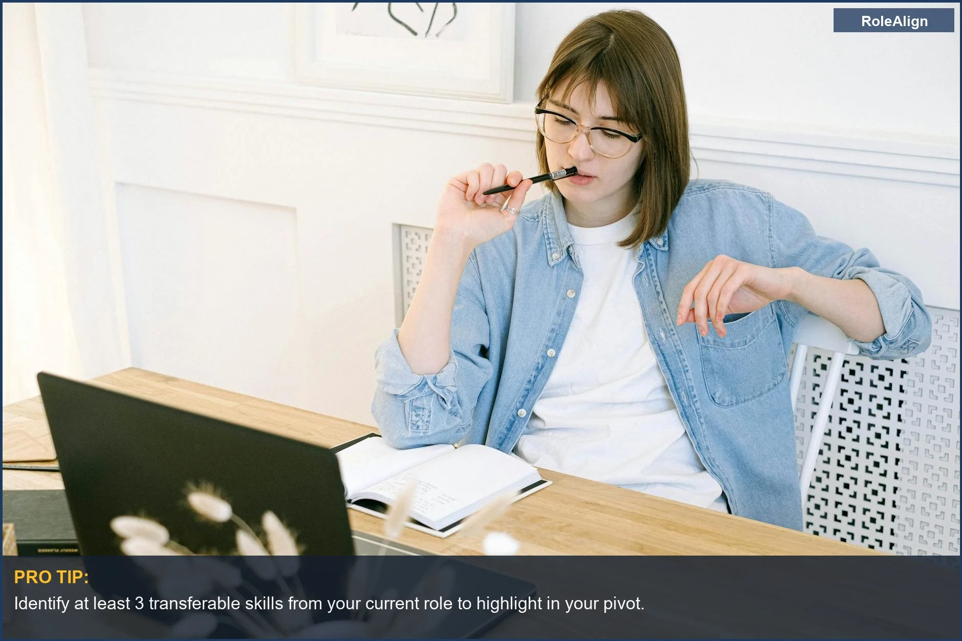 Woman thoughtfully planning career pivot in home office, highlighting transferable skills for 30s career change.