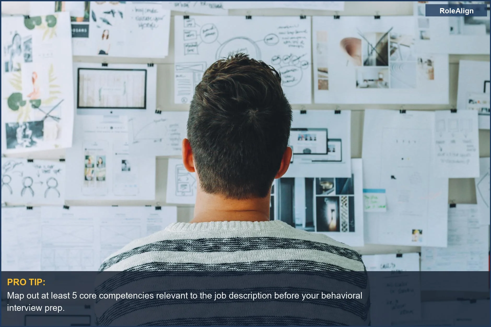 Man with ideas on a wall, demonstrating how to prepare for a behavioral interview by mapping out competencies.