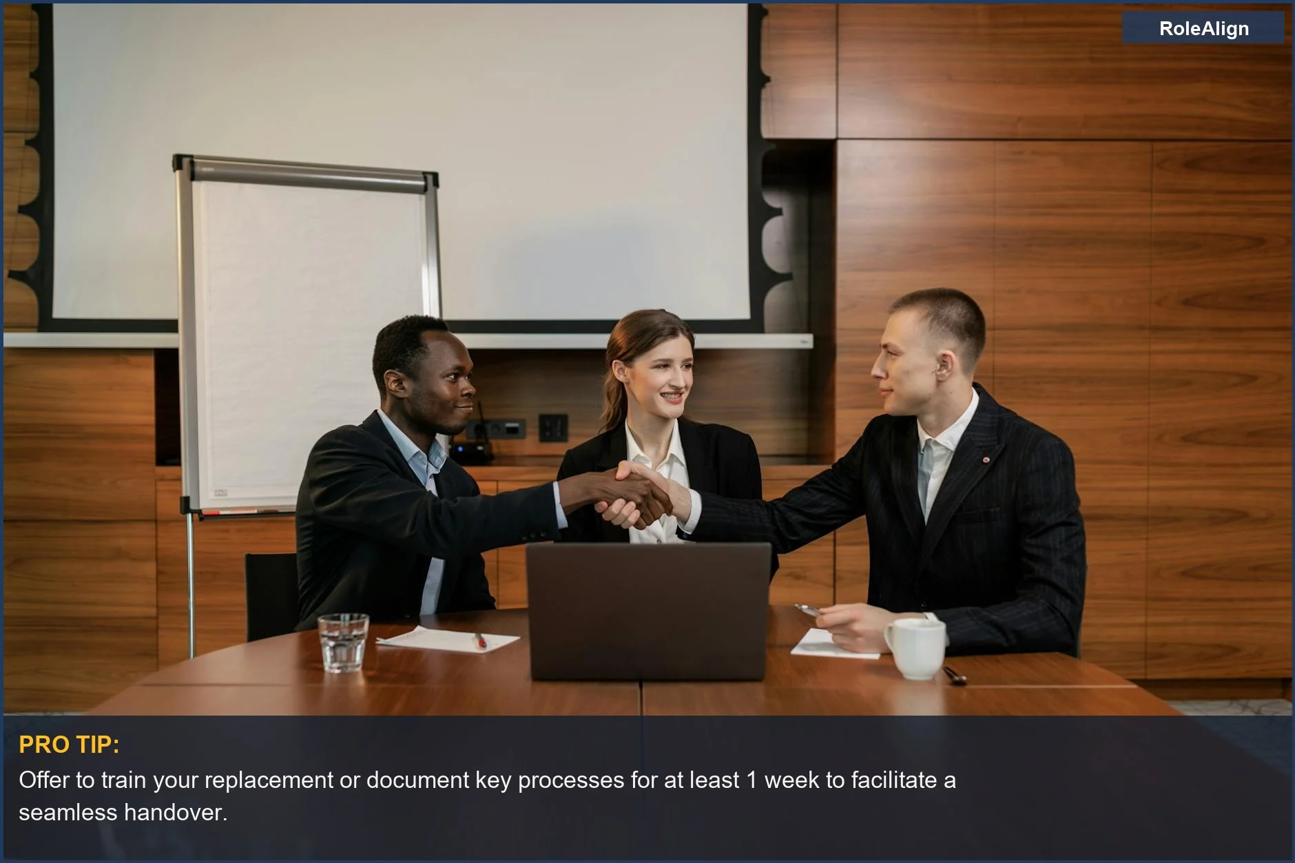 Business team celebrating a successful agreement with handshakes, showing commitment to a smooth transition.