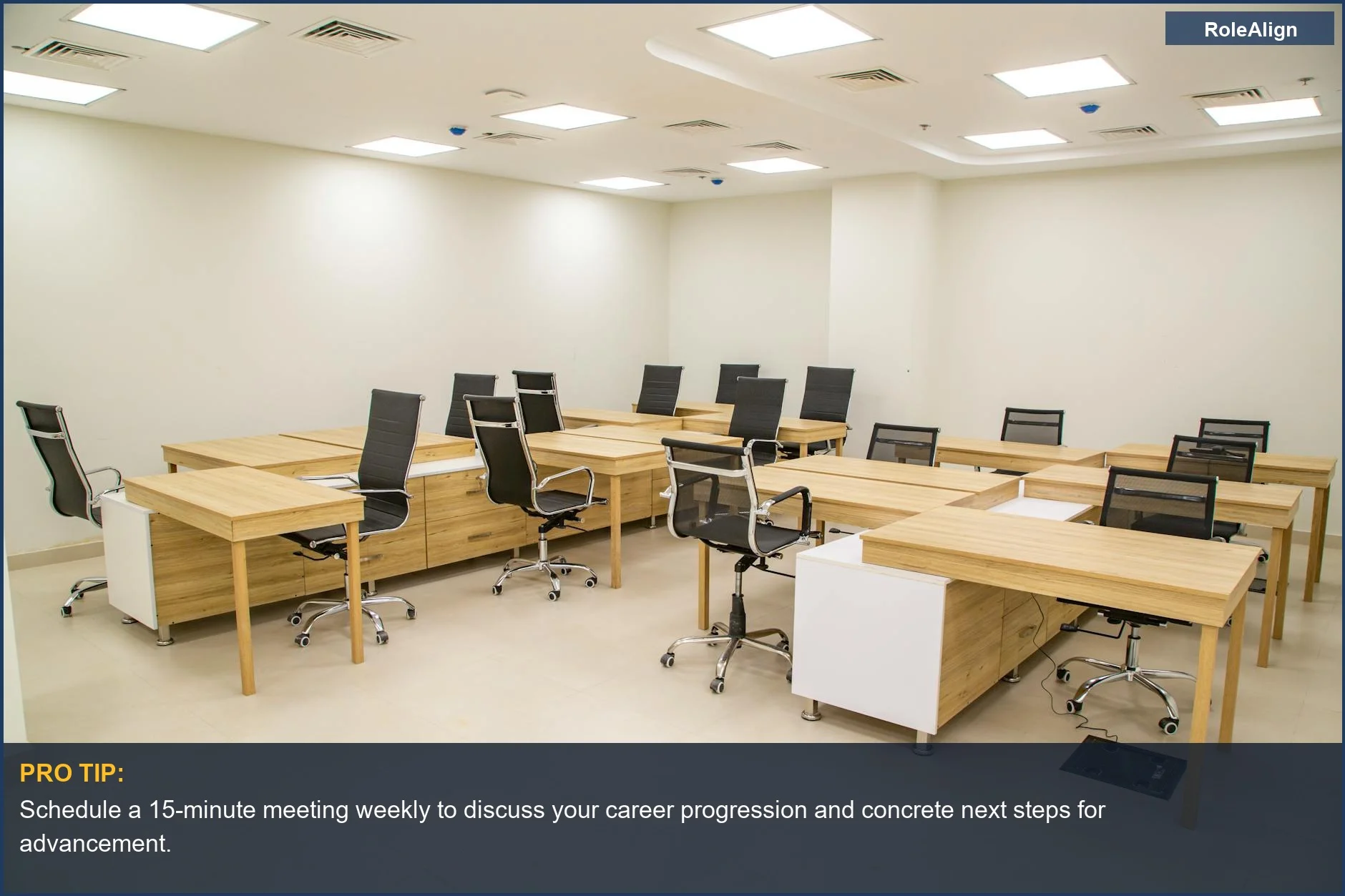Modern office with ergonomic chairs and desks, highlighting a company possibly stringing employees along with empty promotion promises.