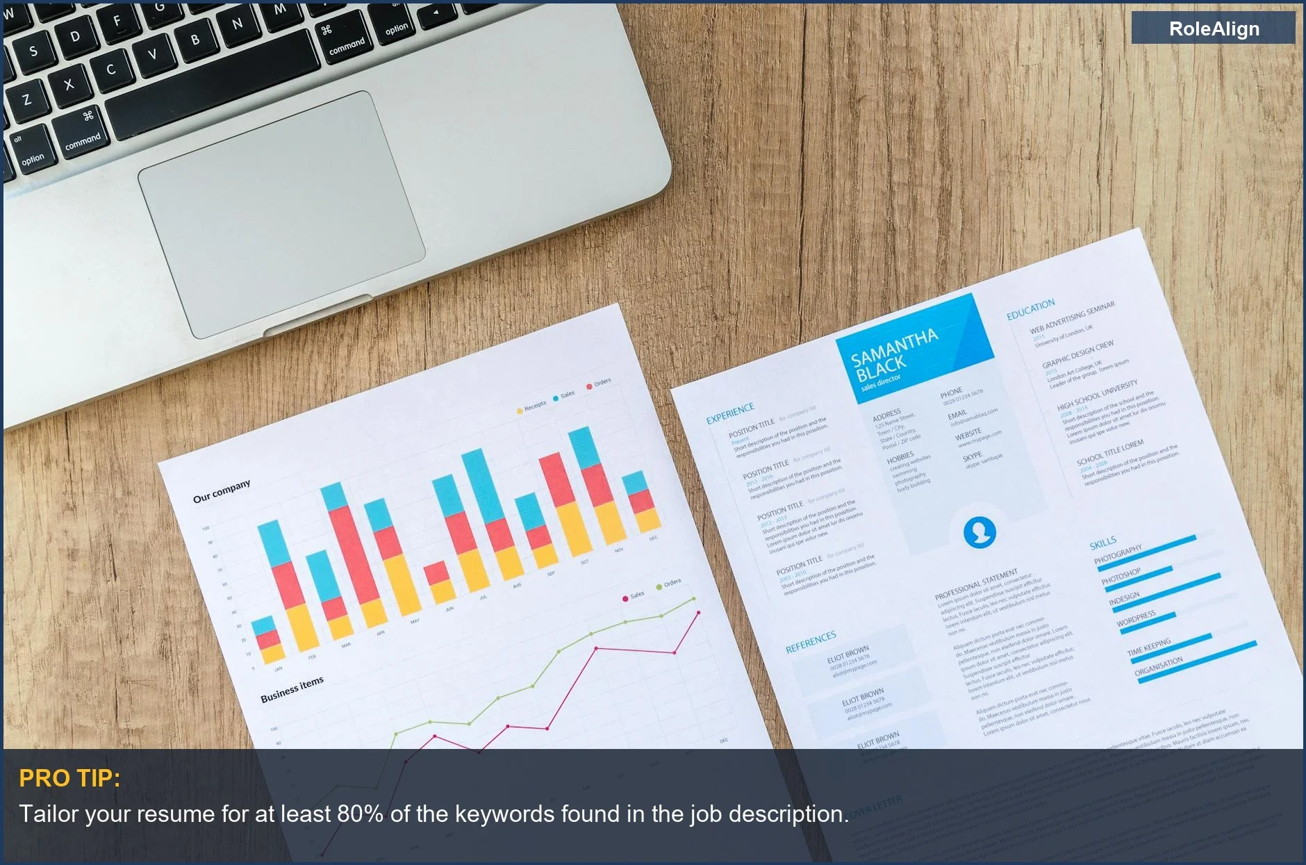 Overhead view of resume and charts on a desk, illustrating how to translate skills for job applications.