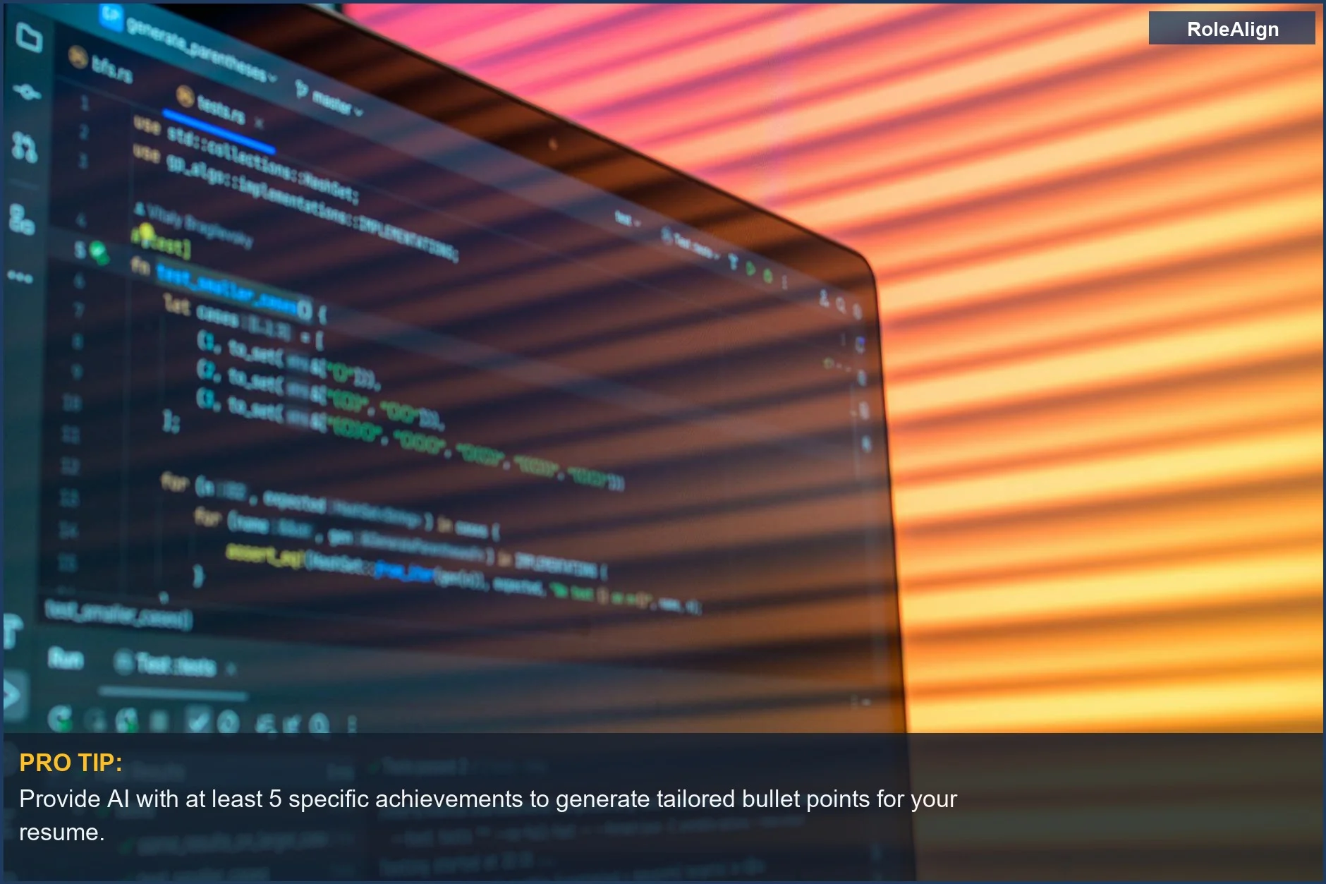 Close-up of illuminated computer code, visualizing AI tips for a non-generic resume.