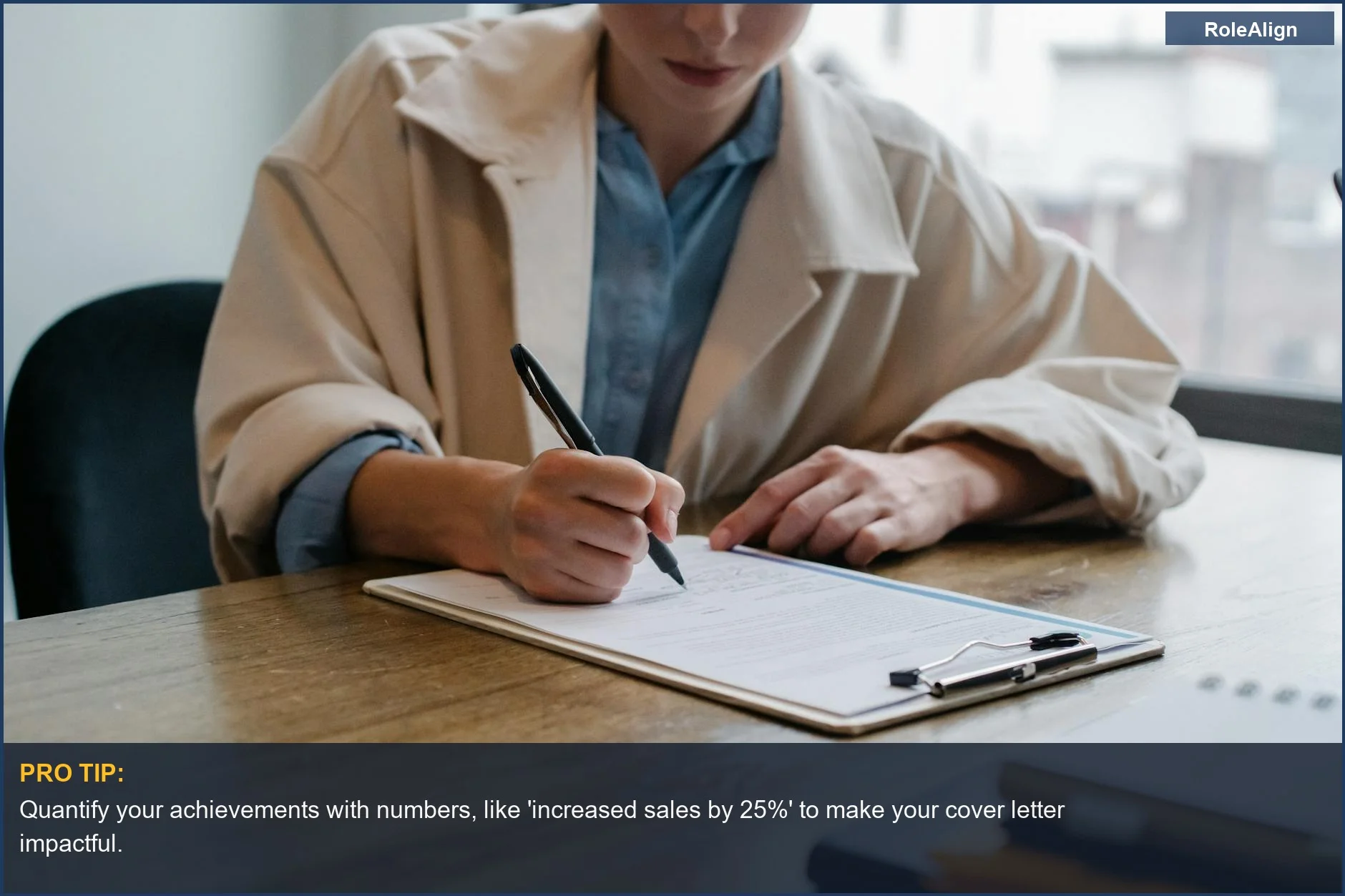Woman in formal attire completing paperwork, demonstrating effective cover letter strategies for success.
