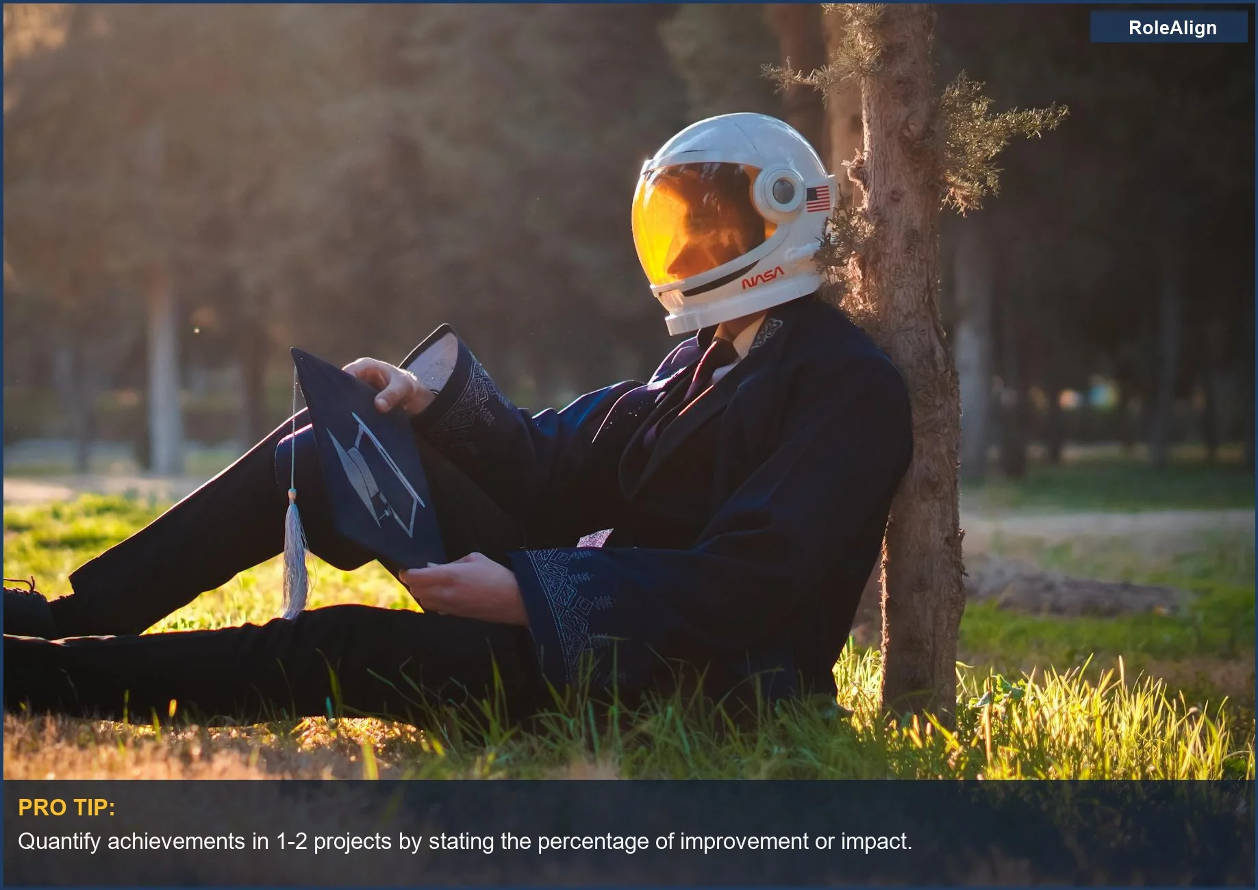 Astronaut in graduation robe by a tree, symbolizing aspirations for a resume with no experience.