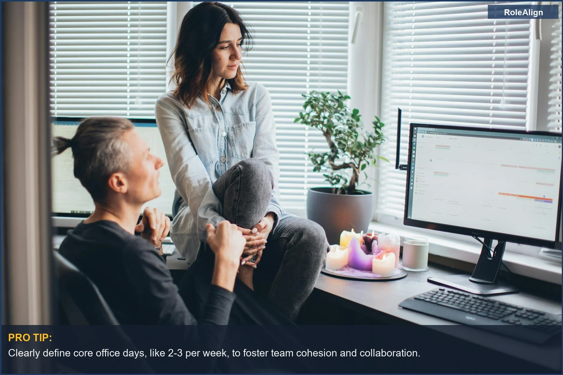 Two colleagues collaborating in a home office, discussing a project with a relaxed, collaborative atmosphere.