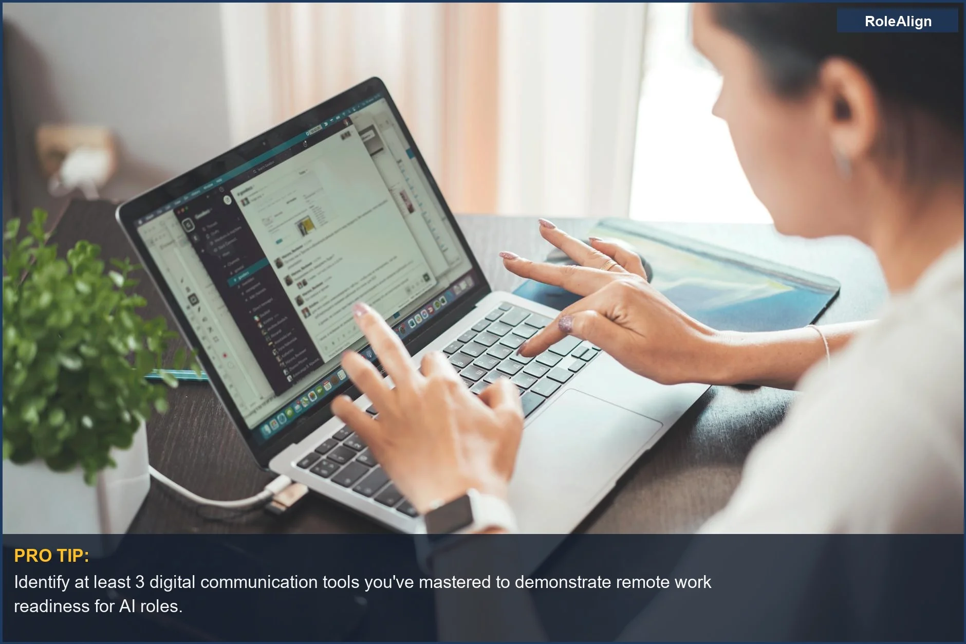 A focused woman works remotely on her laptop, highlighting digital tasks and communication essential for a career pivot.