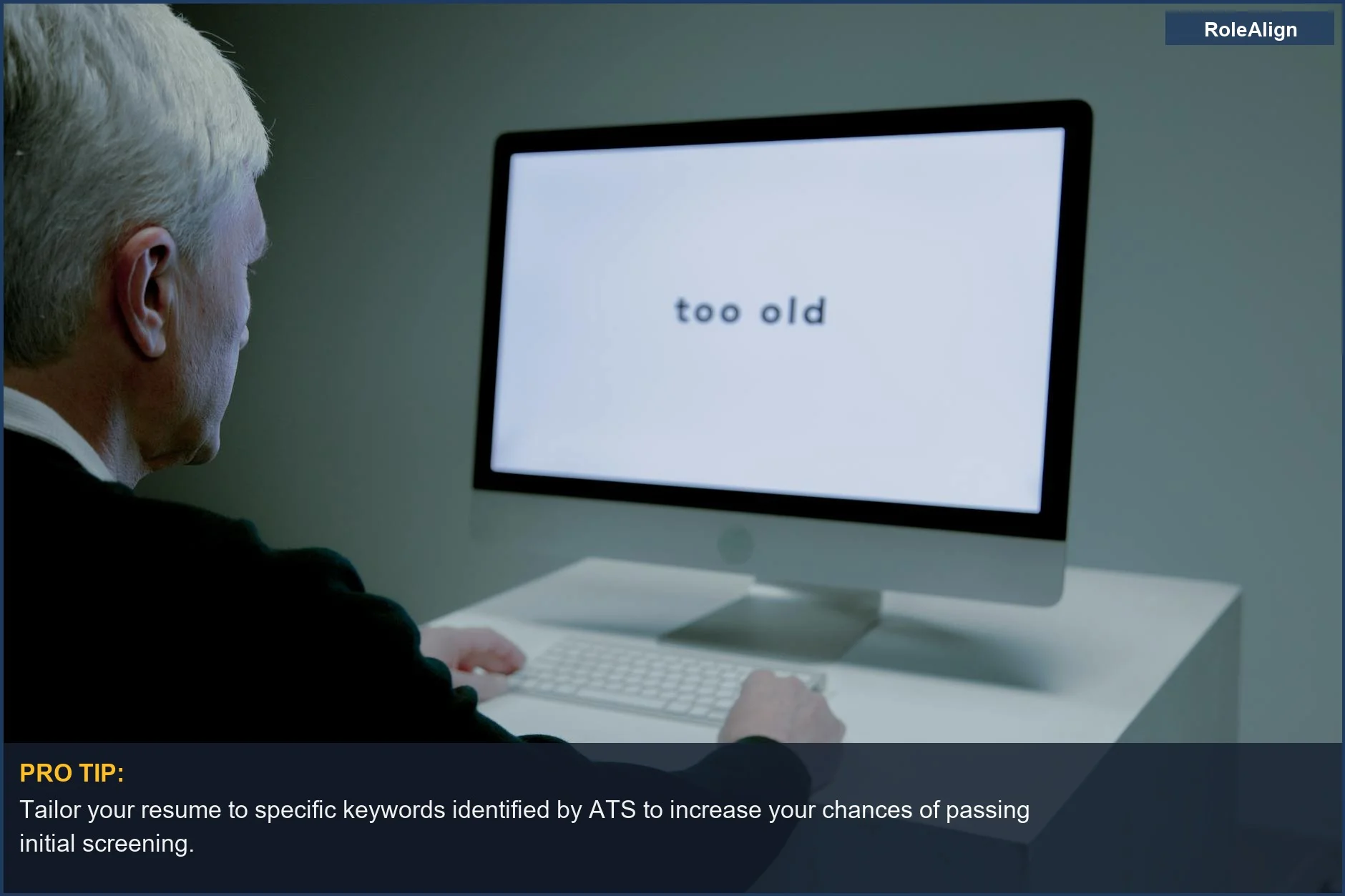 Older man facing online ageism, with 'too old' on screen, representing bias in job selection.