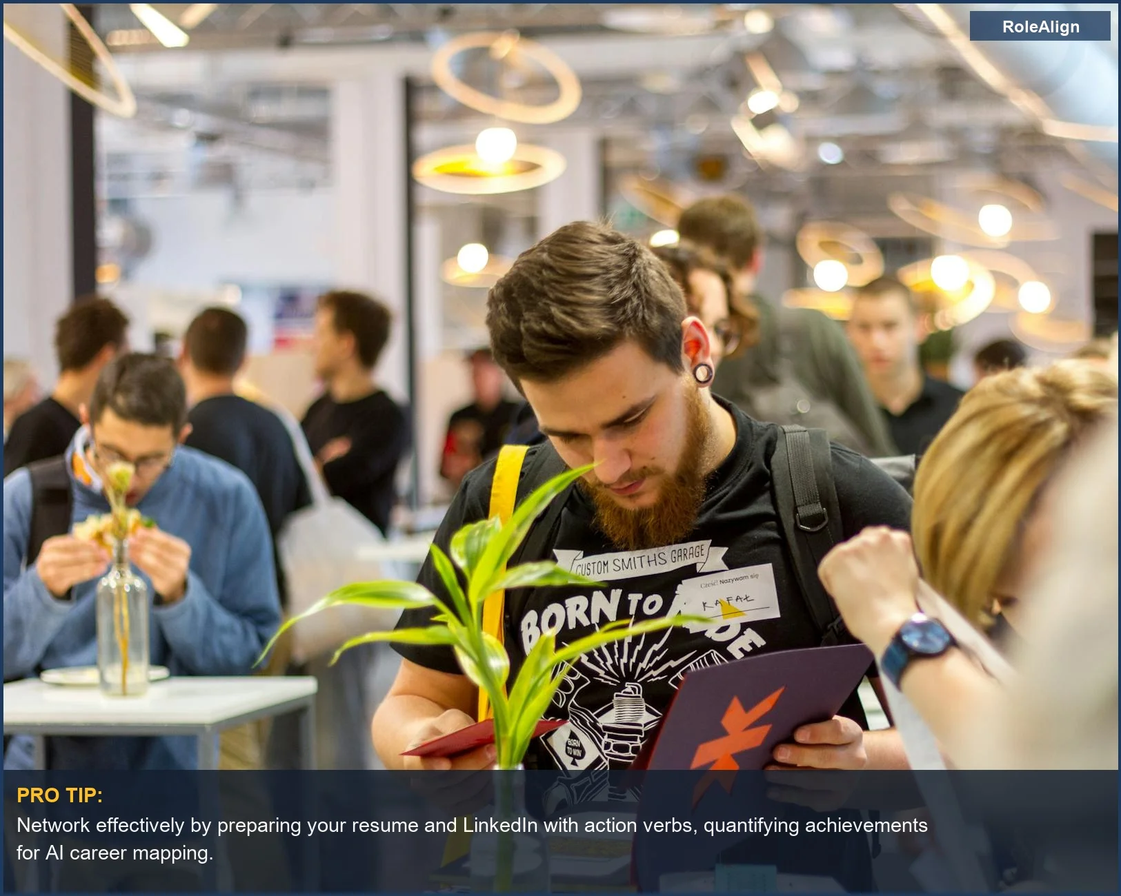 Young professionals networking at an indoor event, discussing AI for career development.