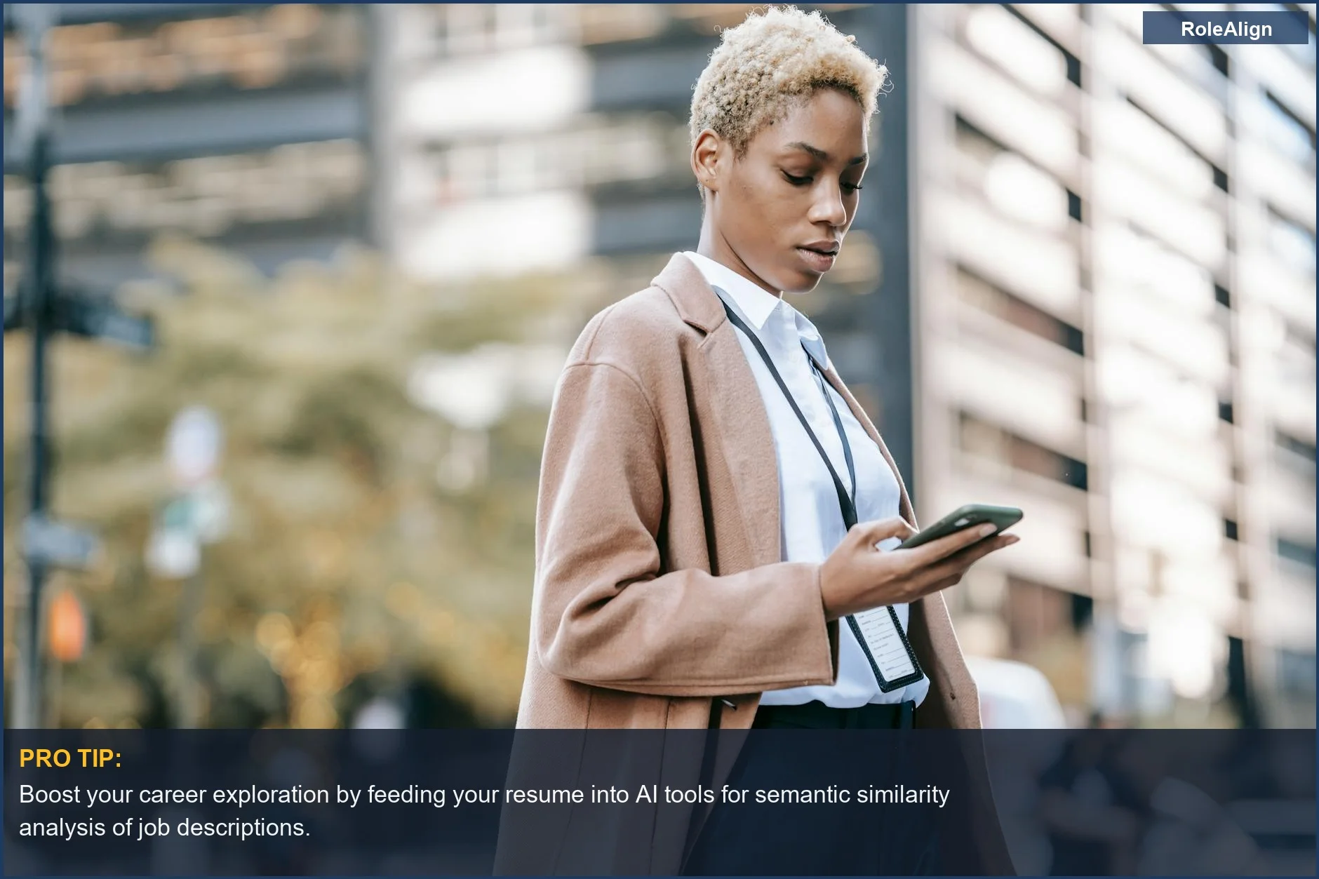 Young businesswoman using smartphone outdoors, embracing AI for career path exploration.