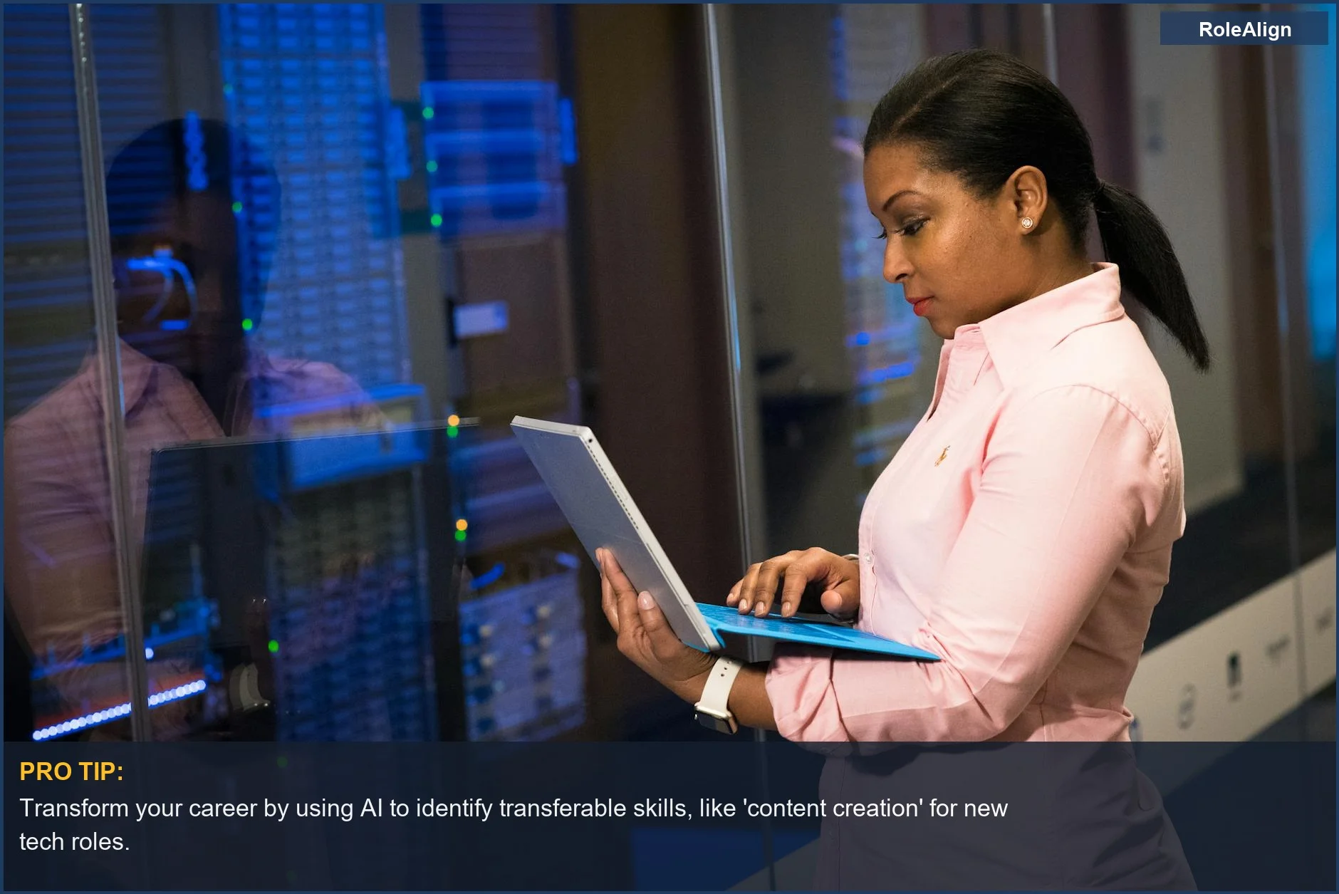 Software engineer focused on laptop in server room, demonstrating AI skill mapping for tech careers.