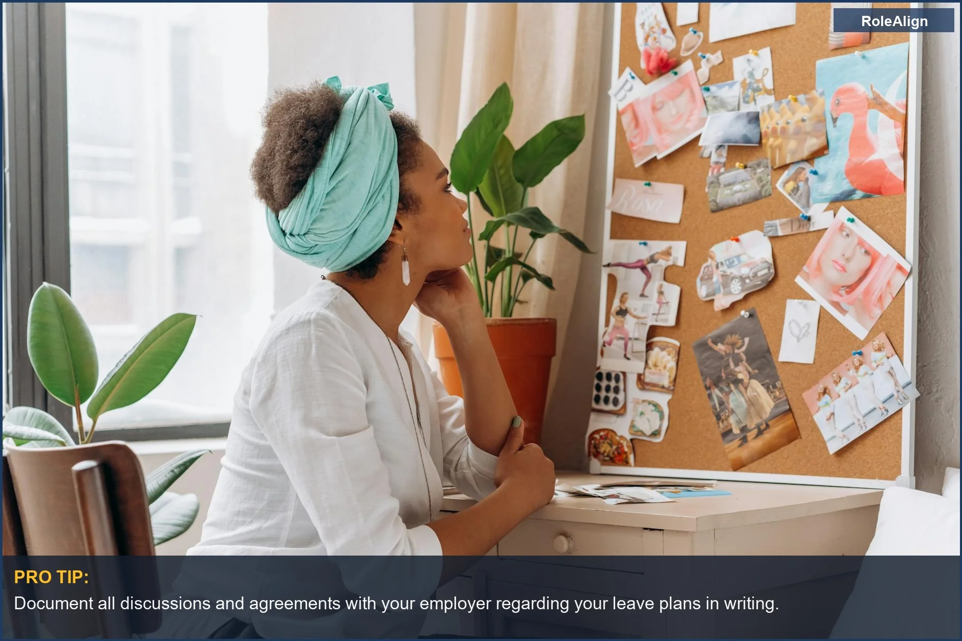 African American woman reflecting on career and parental leave options.