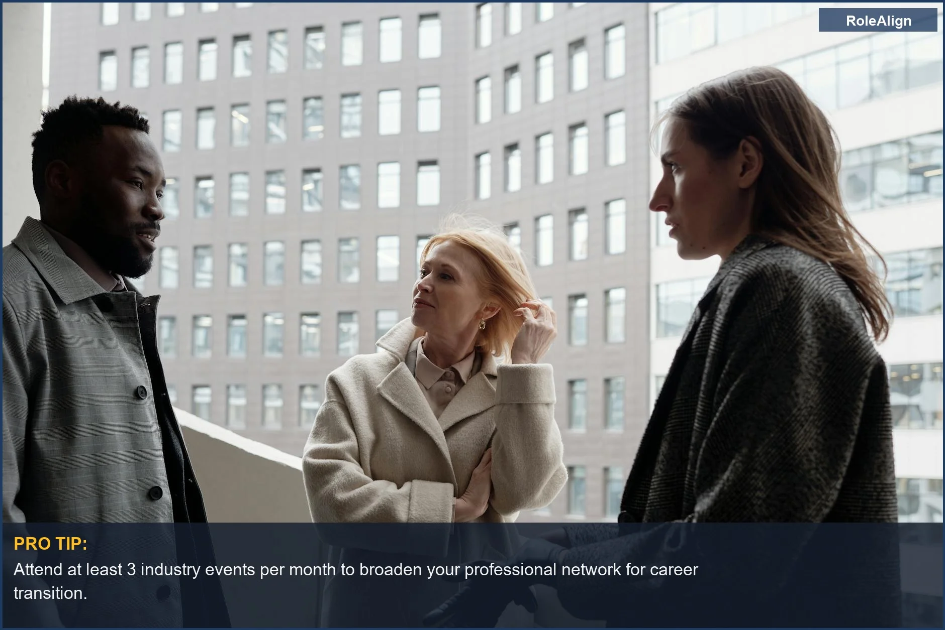 Diverse business professionals discussing opportunities outside an urban office building.