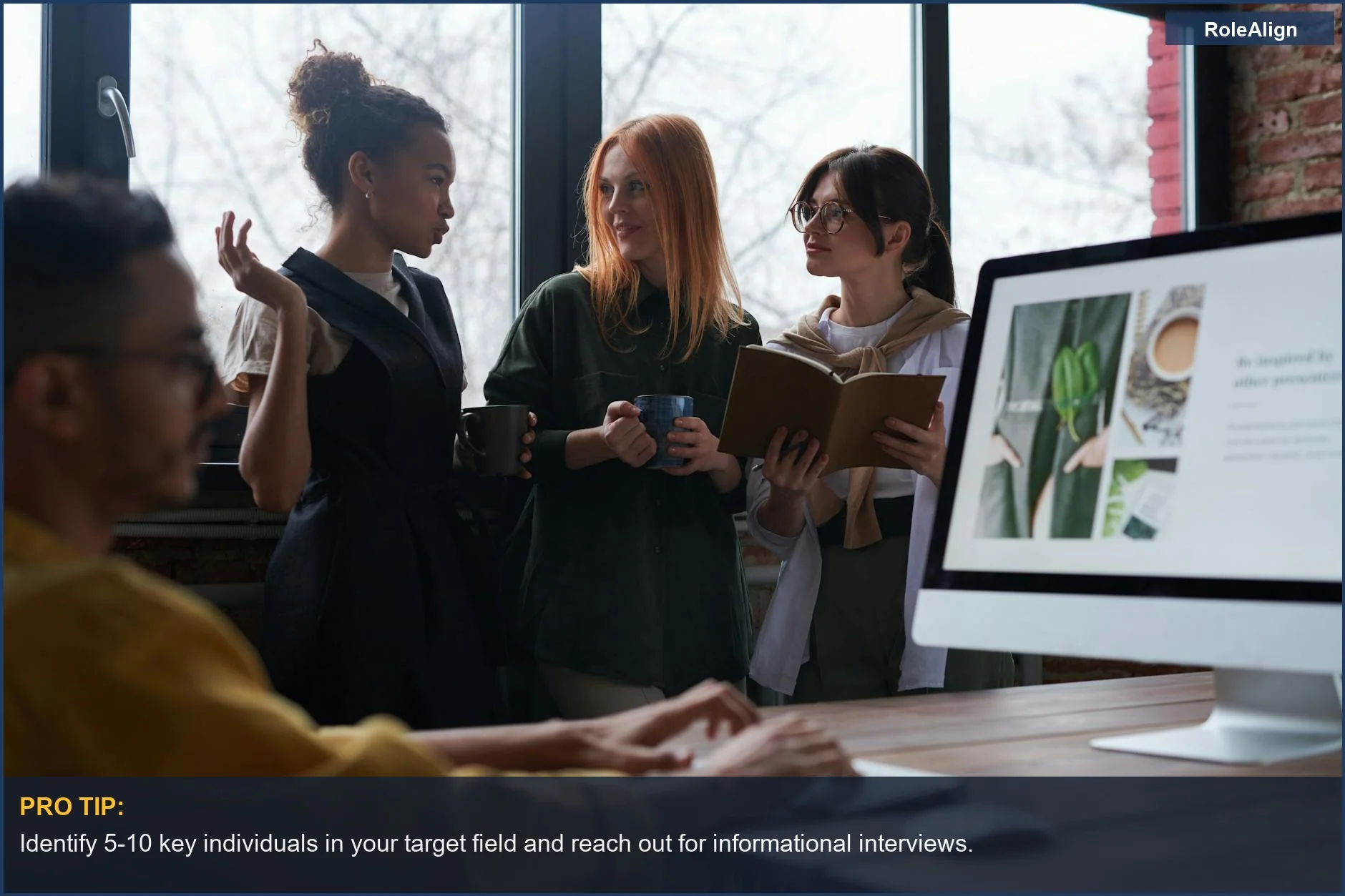 Collaborative business team in a modern office, sharing ideas for career growth.