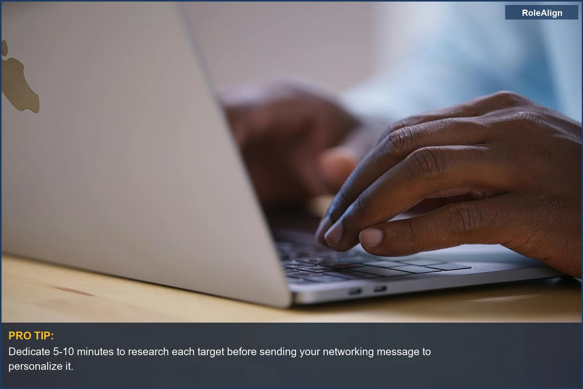 African American hands typing on a laptop, illustrating how to craft networking messages that cut through the noise with research.