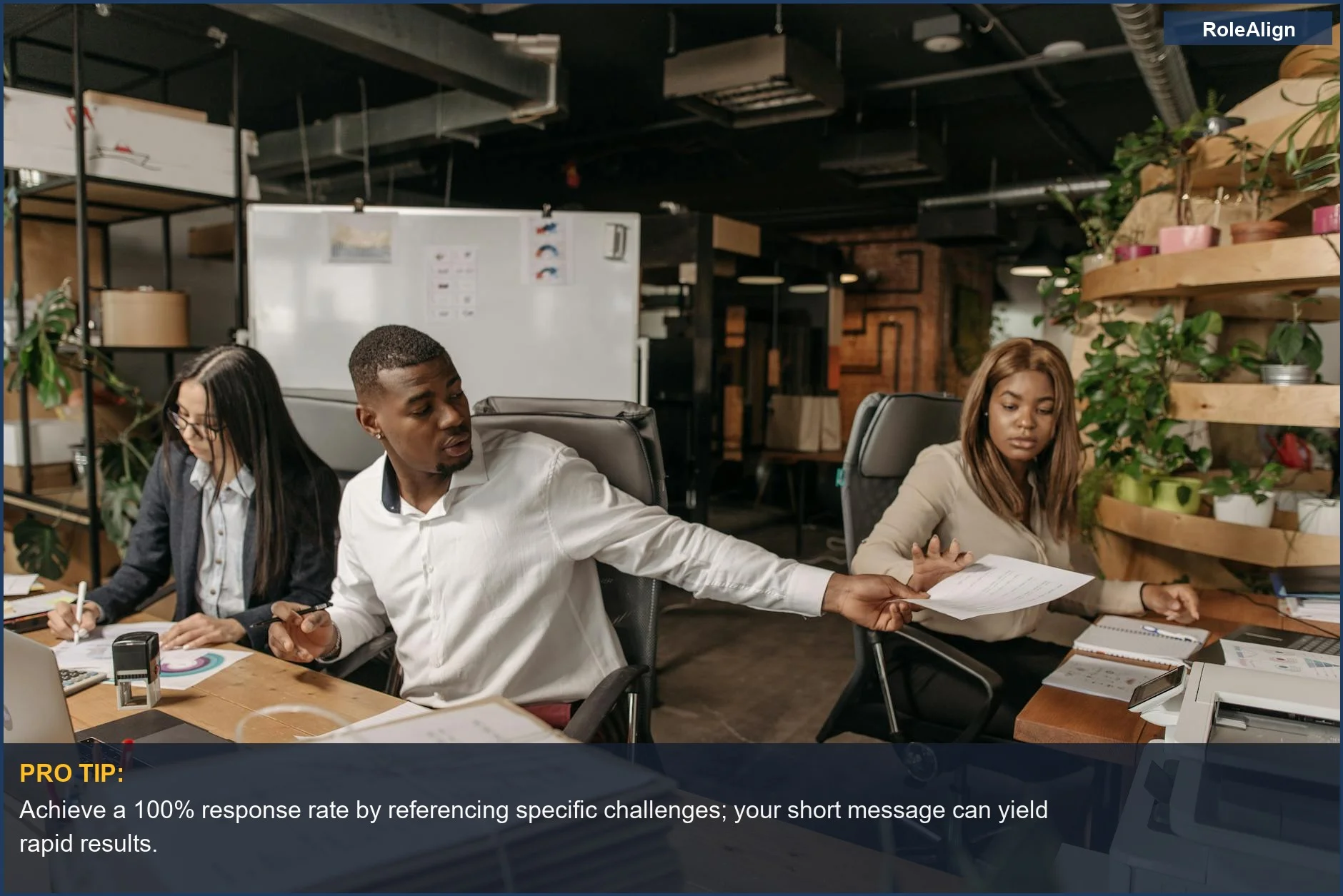 Colleagues collaborating in a modern office, showing how specific networking messages can cut through the noise for career growth.