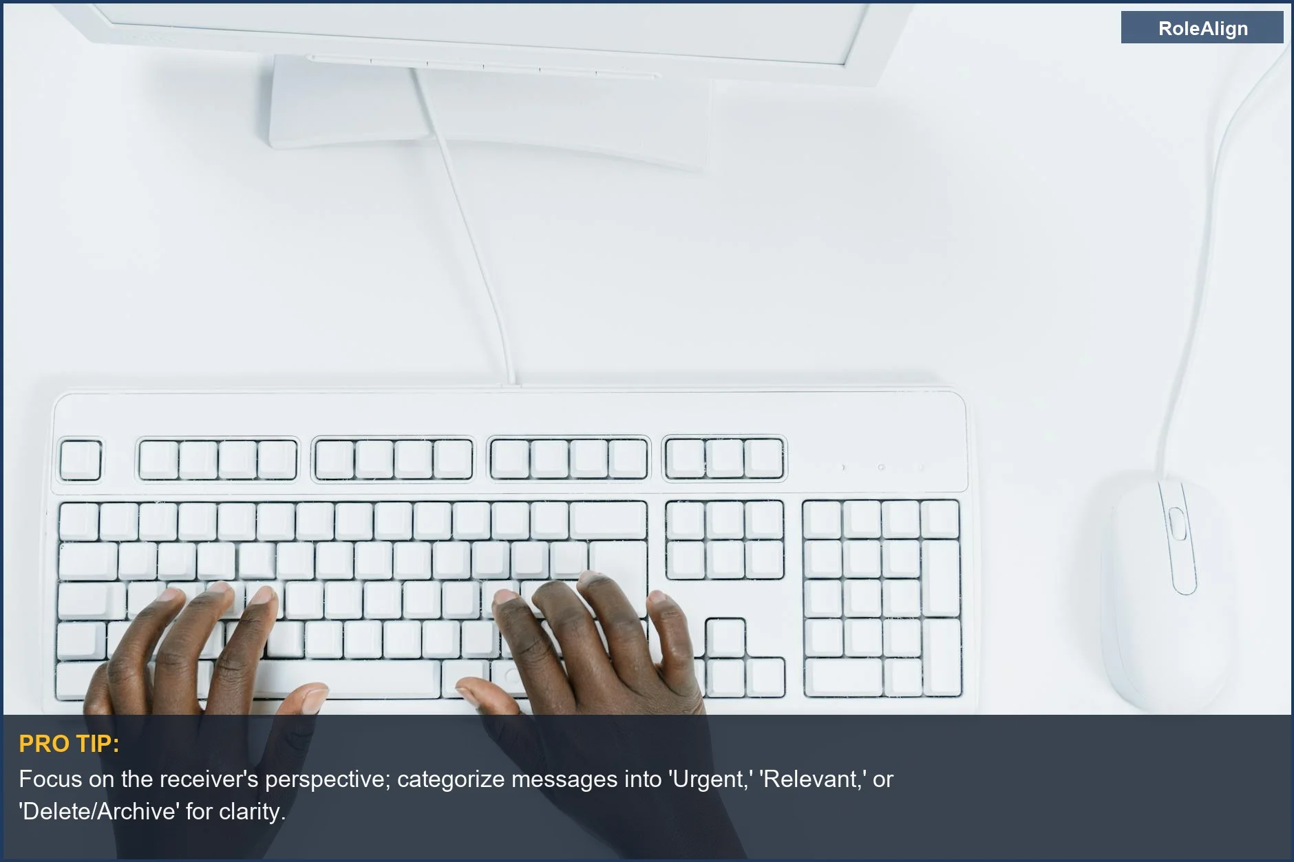 Hands typing on a white keyboard and mouse, demonstrating effective networking messages that cut through the noise.