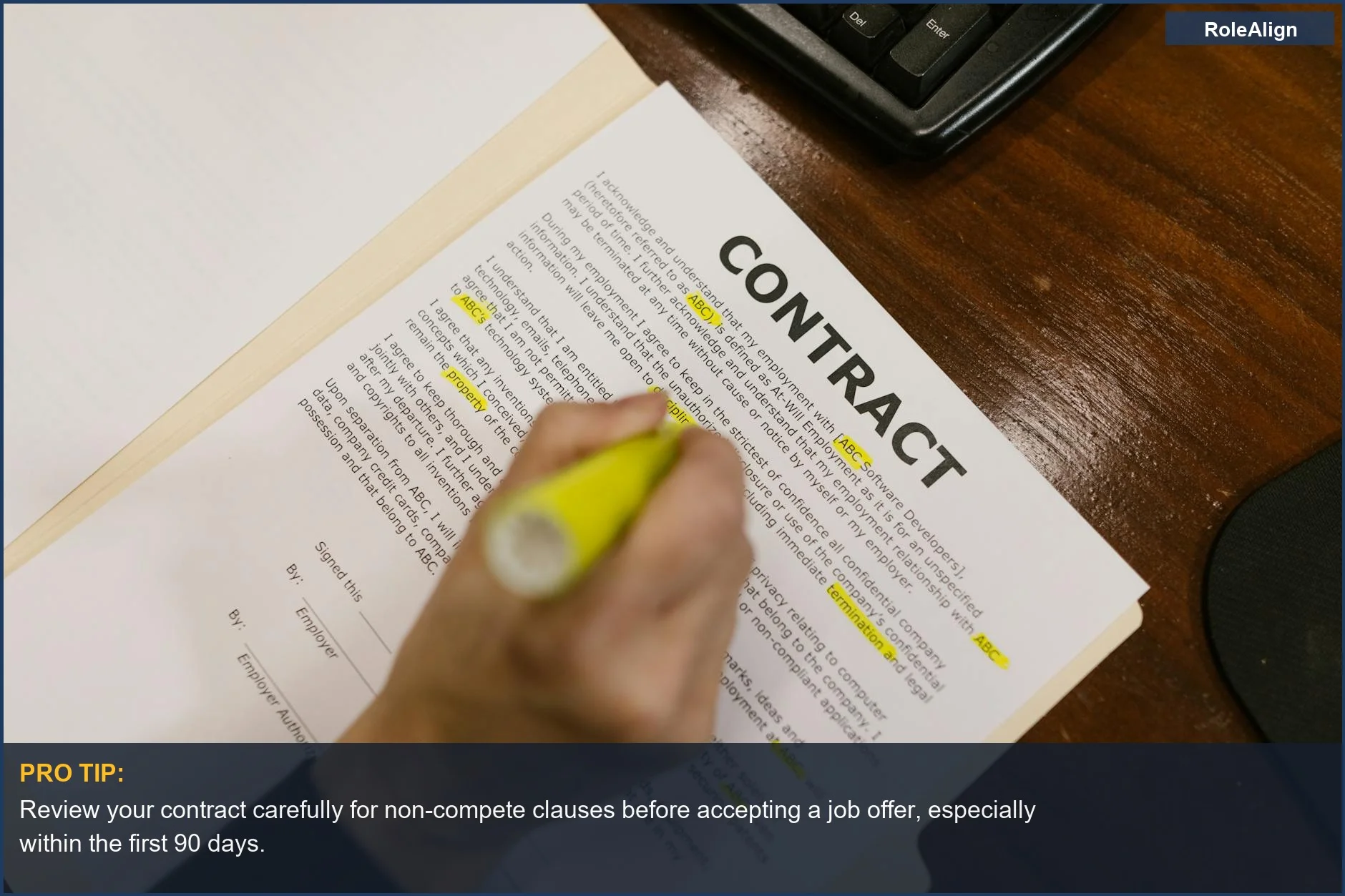 Person reviewing contract details, highlighting text, to understand non-compete clause after hired.