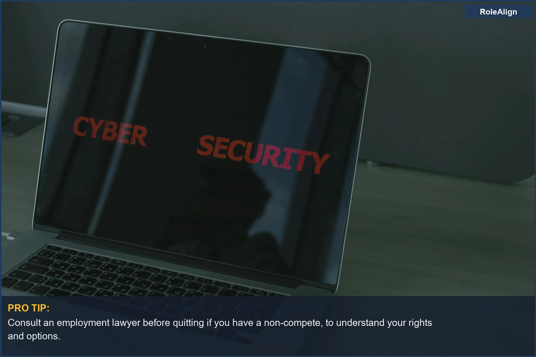 Laptop displaying cybersecurity text, representing how to quit with non-compete concerns and digital security.